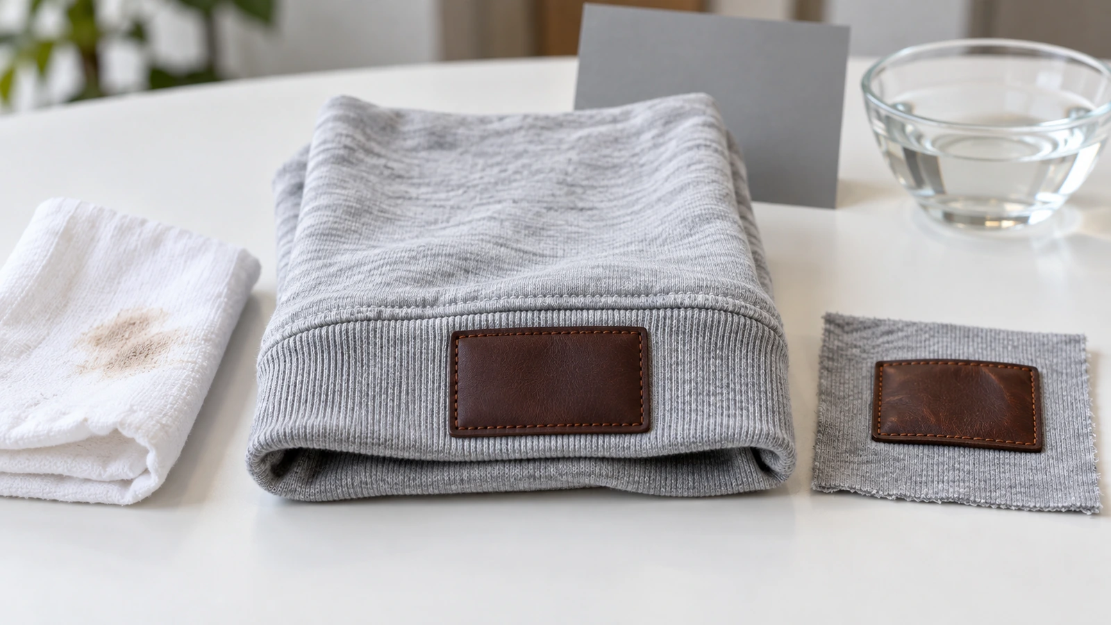 Vorserien-Kleidungsstück mit aufgenähtem Lederlabel neben einem weißen Reibtuch und einem gewaschenen Vergleichsmuster, zur Prüfung von Farbübertragung und abgelösten Kanten