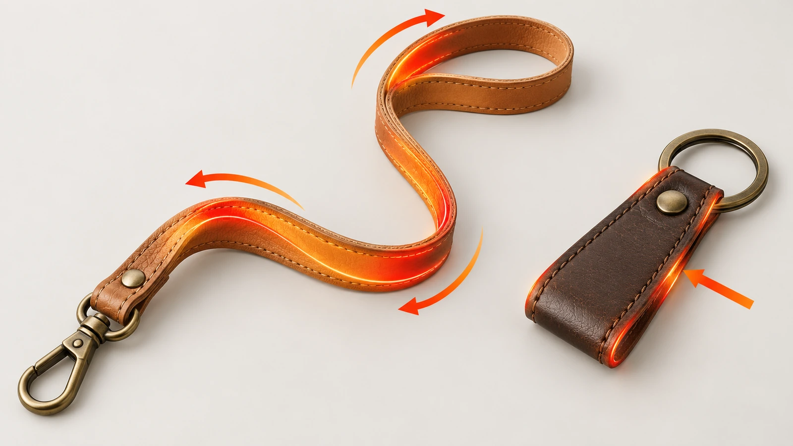 Illustration eines langen Lederbandes und eines kurzen Leder-Schlüsselanhängers nebeneinander, mit warm gefärbten Markierungszonen, die zeigen, dass sich das Band über seine gesamte Länge biegt, während der Schlüsselanhänger vor allem an den Kanten und am Ringansatz verschleißt