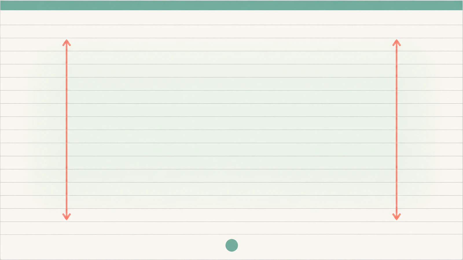 Diagramm einer Notizbuchseite mit einem schmalen farbigen Band oben und einer kleinen Marke unten; Pfeile zeigen die offene Schreibfläche dazwischen