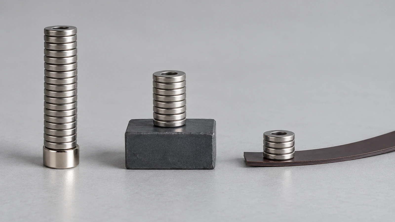 Direkter Vergleich einer kleinen beschichteten Neodym-Scheibe, eines größeren grauen Ferritblocks und eines dünnen flexiblen Magnetstreifens, maßstäblich dargestellt, um die relative Haltekraft zu zeigen
