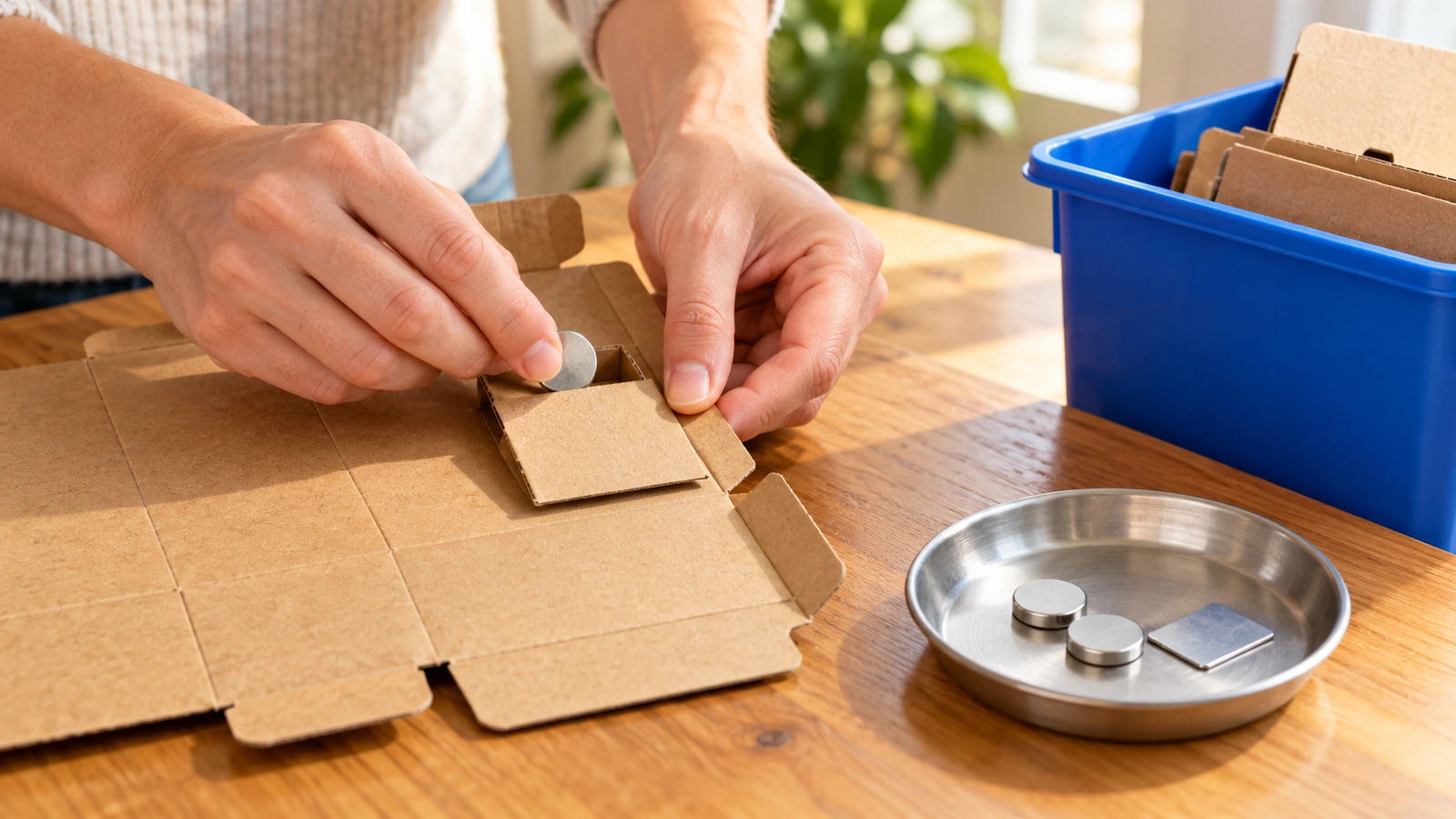Hände ziehen einen kleinen Scheibenmagneten aus einer flachgedrückten Kartonbox; der Magnet kommt in eine kleine Metallschale, die Pappe in einen Papierrecyclingbehälter