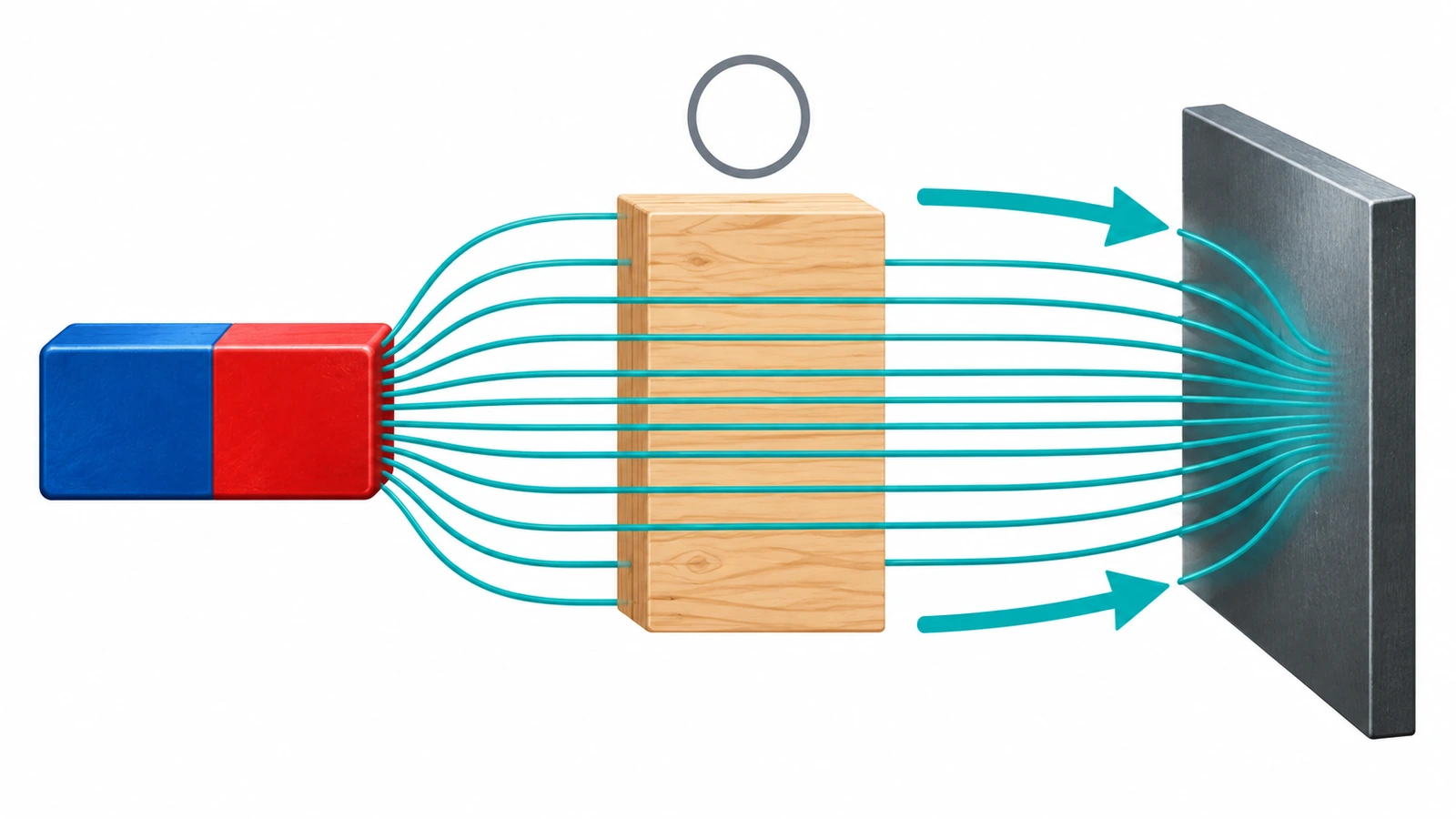 Diagramm, das zeigt, wie die Feldlinien eines Magneten geradlinig durch einen Holzblock in eine Stahlplatte verlaufen, wobei das Holz unbeeinflusst bleibt