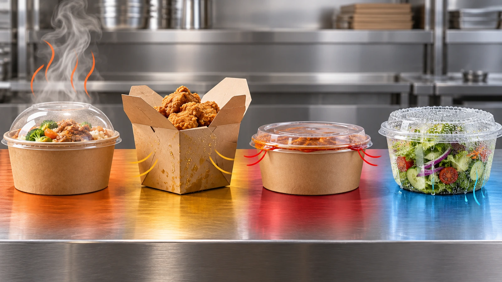 Vier Take-away-Behälter auf einer Küchenarbeitsplatte zeigen vier Versagensarten: aufsteigender Dampf von einer heißen Mahlzeit, Öltröpfchen auf einem frittierten Gericht, eine Soße, die sich an einer Deckelnaht sammelt, und Frostperlen auf einem kalten Salat