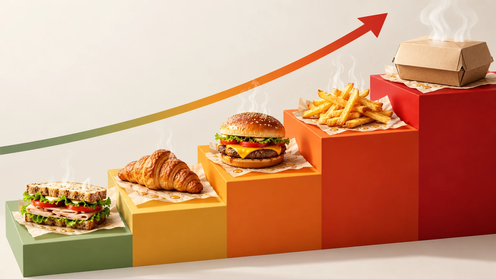 Treppenillustration von Takeaway-Speisen, die von einem Croissant und einem Sandwich bis zu Pommes frites und einer geschlossenen Lieferbox ansteigen, wobei Öltropfen und Hitzewellen auf jeder Stufe zunehmen, um den steigenden Bedarf an einer Fettbarriere zu zeigen