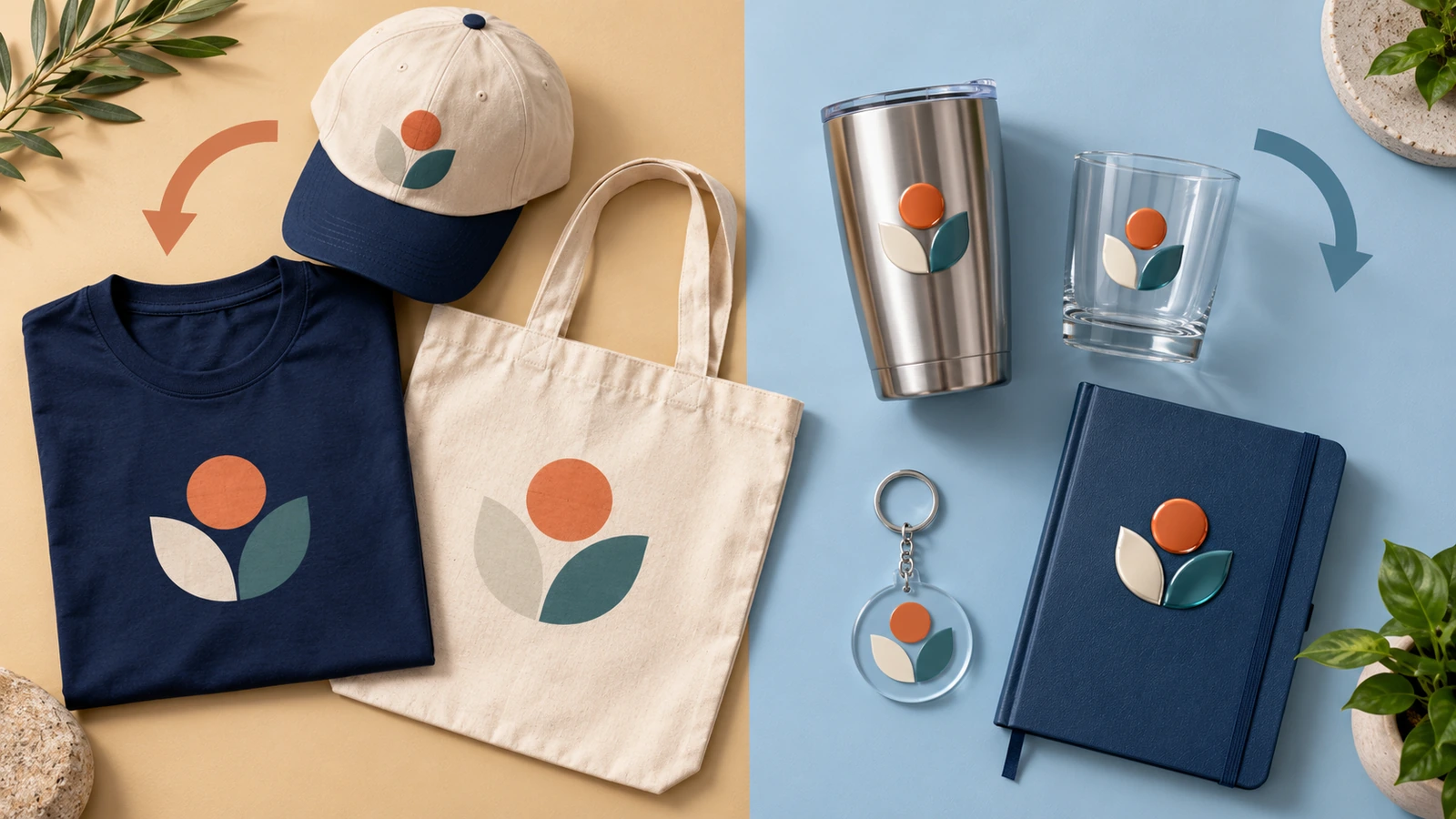 Merch-Set in der Draufsicht, aufgeteilt in eine Stoffzone mit T-Shirt, Tasche und Kappe und eine Hartwaren-Zone mit Trinkbecher, Glas, Acryl-Schlüsselanhänger und Notizbuch