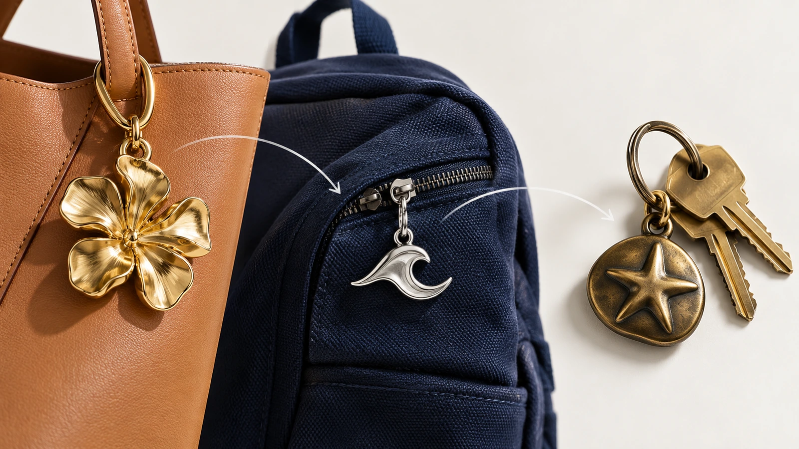 Drei Formate von Metall-Schlüsselanhänger-Charms im Vergleich: ein plastischer Taschen-Charm am Griff einer Einkaufstasche, ein flacher Reißverschluss-Anhänger am Rucksackreißverschluss und ein abgerundeter Schlüsselring-Charm mit Schlüsseln