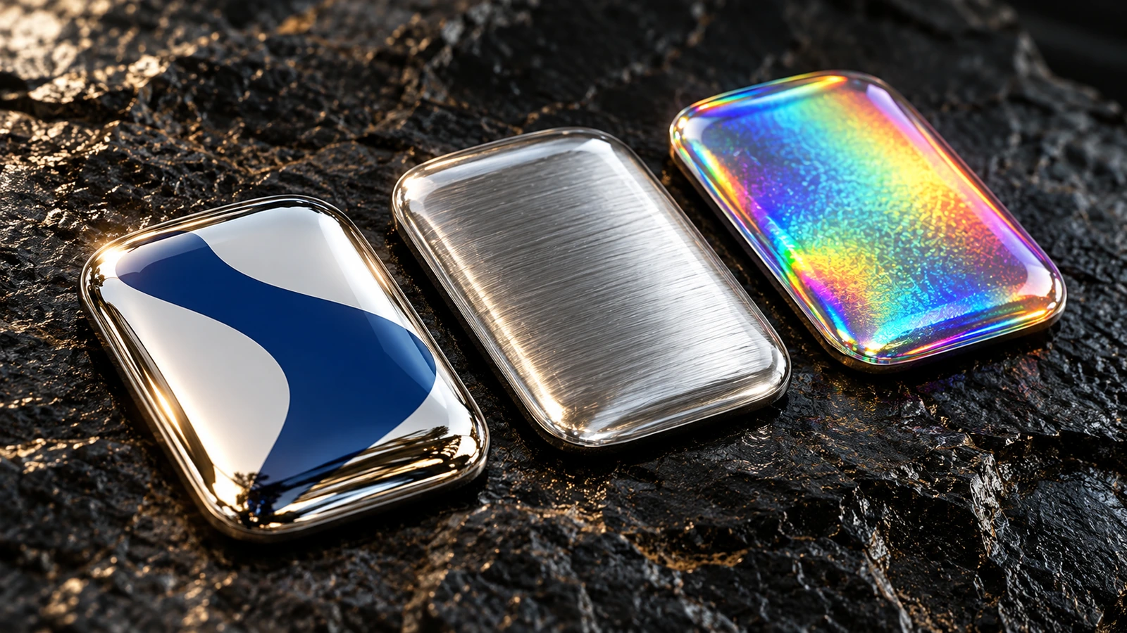 Makroaufnahme von drei Dome-Stickern auf Chrom-, Bürstmetall- und holografischen Basisfolien, die Licht durch klares Harz reflektieren