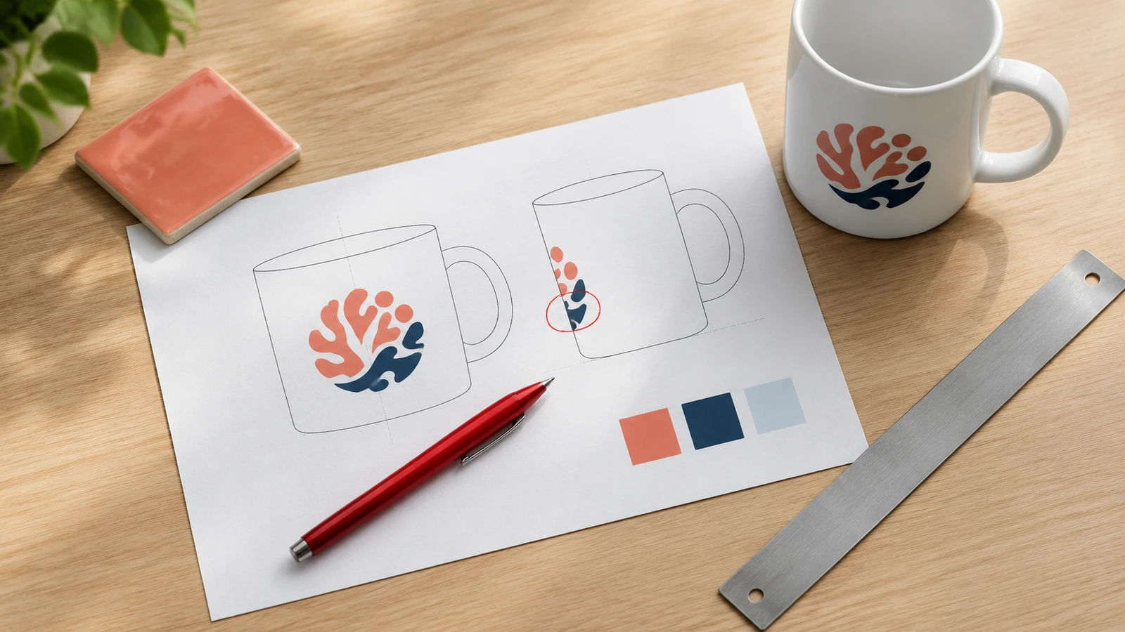 Draufsicht auf einen gedruckten Becher-Korrekturabzug mit abstrakten Logoformen, einem roten Stift, einem Lineal und einem weißen Keramikbecher auf einem hellen Schreibtisch