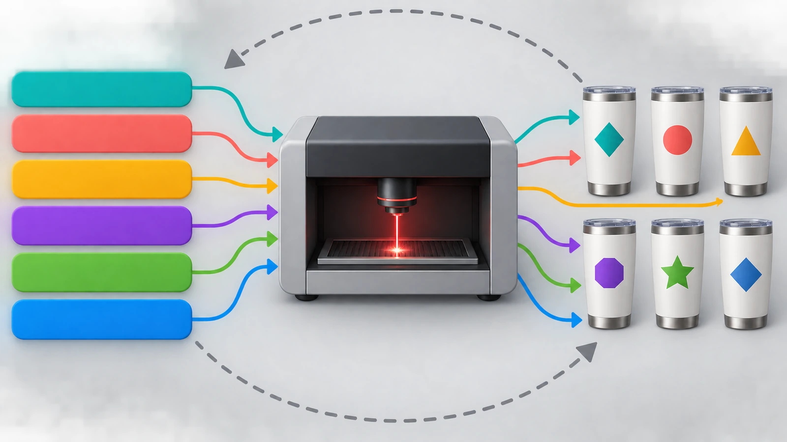Diagramm mit farbigen Datenzeilen, die über Pfeile in eine Lasergravurstation fließen und als einzelne Tumbler herauskommen, jeder seiner eigenen farbigen Zeile zugeordnet