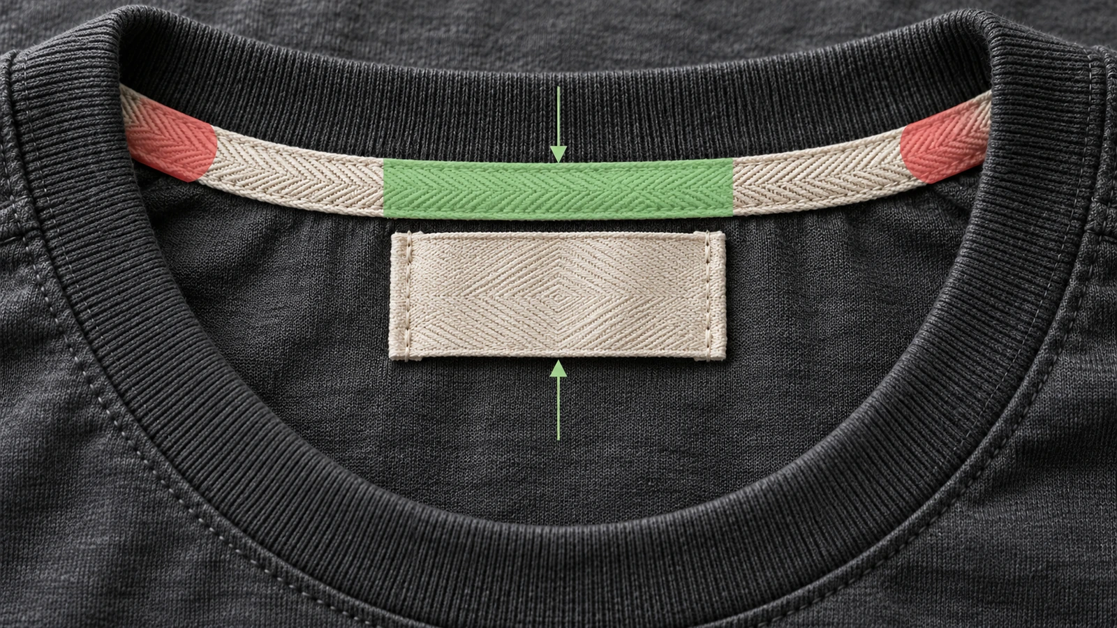 Nahaufnahme der Nackeninnenseite an der Rückseite eines T-Shirts mit einem Webetikett ohne Logo, mittig zwischen den Schulternähten und unter dem Nackenband ausgerichtet, mit farbigen Hilfsformen, die die flache Nähzone markieren