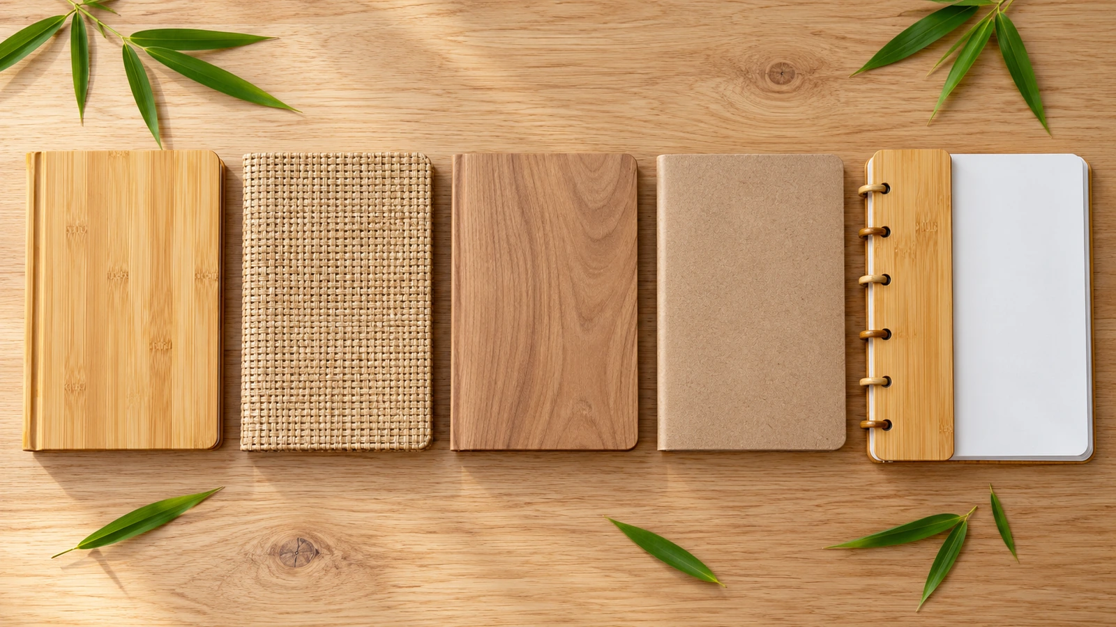 Flatlay-Aufnahme eines Notizbuchs mit massivem Bambuseinband, eines Notizbuchs mit Bambusfasergewebe, eines Notizbuchs mit Kunststoffeinband in Holzmaserung, eines Notizbuchs aus Recycling-Kraftpapier und eines wiederverwendbaren Notizbuchs mit Bambushülle