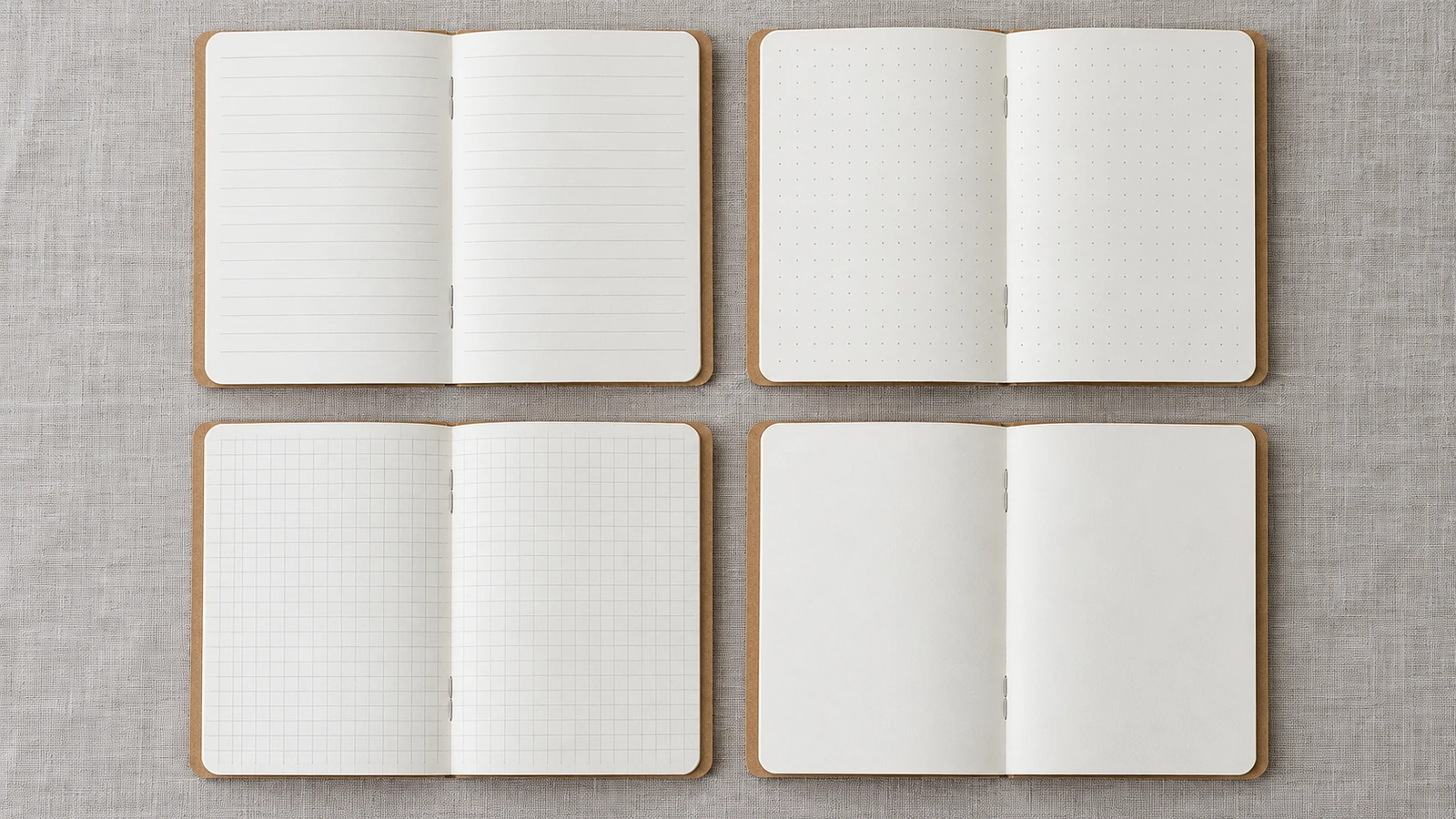 Vier aufgeschlagene Notizbücher nebeneinander, die die Innenseitenformate liniert, Punktraster, Karoraster und blanko zeigen