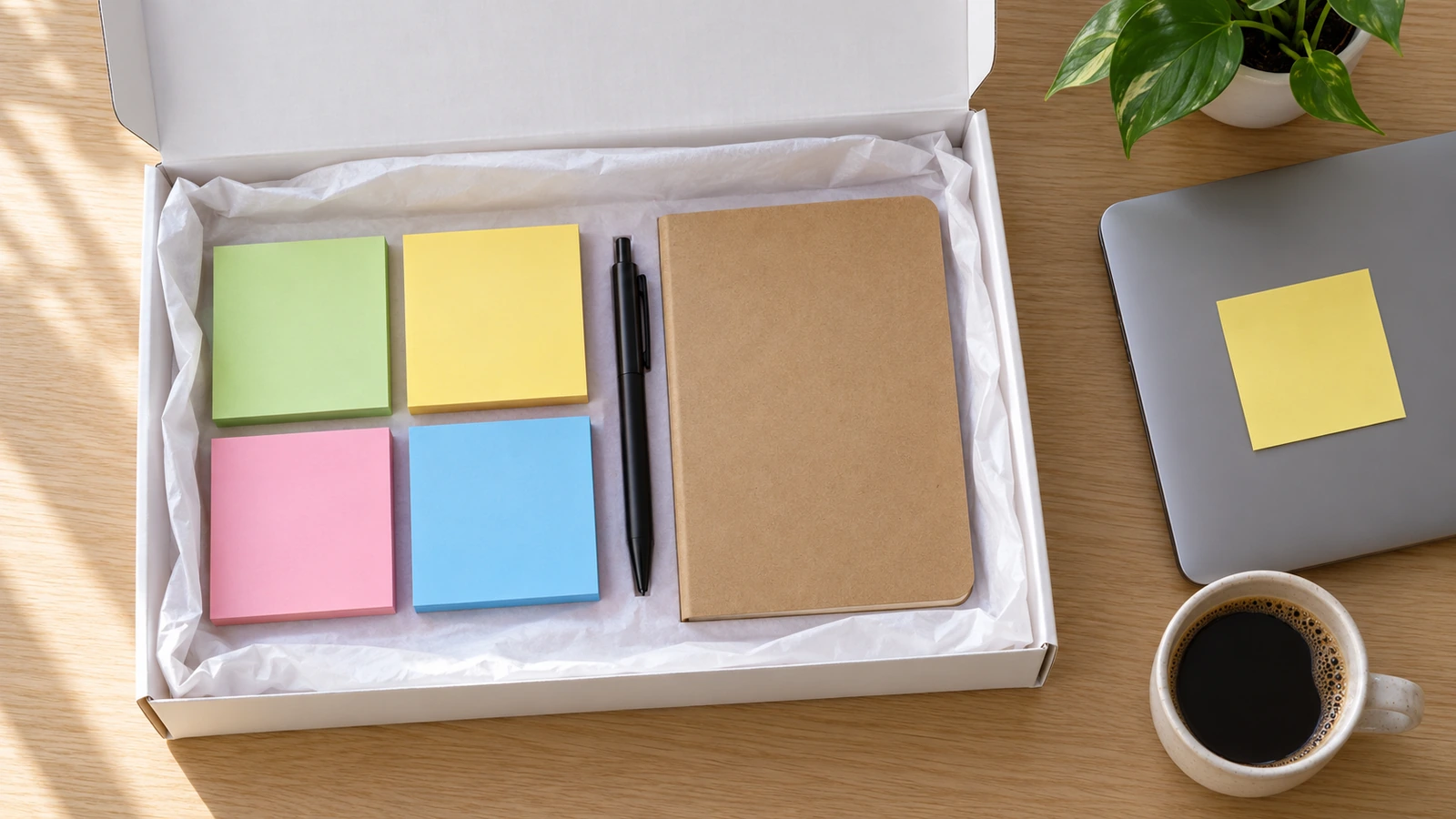 Draufsicht auf ein geöffnetes Willkommenspaket für Kunden mit einem Set bunter Notizblöcke, einem Stift und einem Notizbuch auf einem hellen Holzschreibtisch, wobei 1 Blatt bereits am Rand eines Laptops klebt