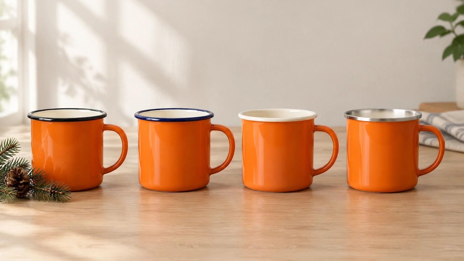 Vier orangefarbene Emaille-Campingbecher nebeneinander mit schwarzem, marineblauem, cremefarbenem und Edelstahlrand, die zeigen, wie die Randfarbe den Retro-Look verändert