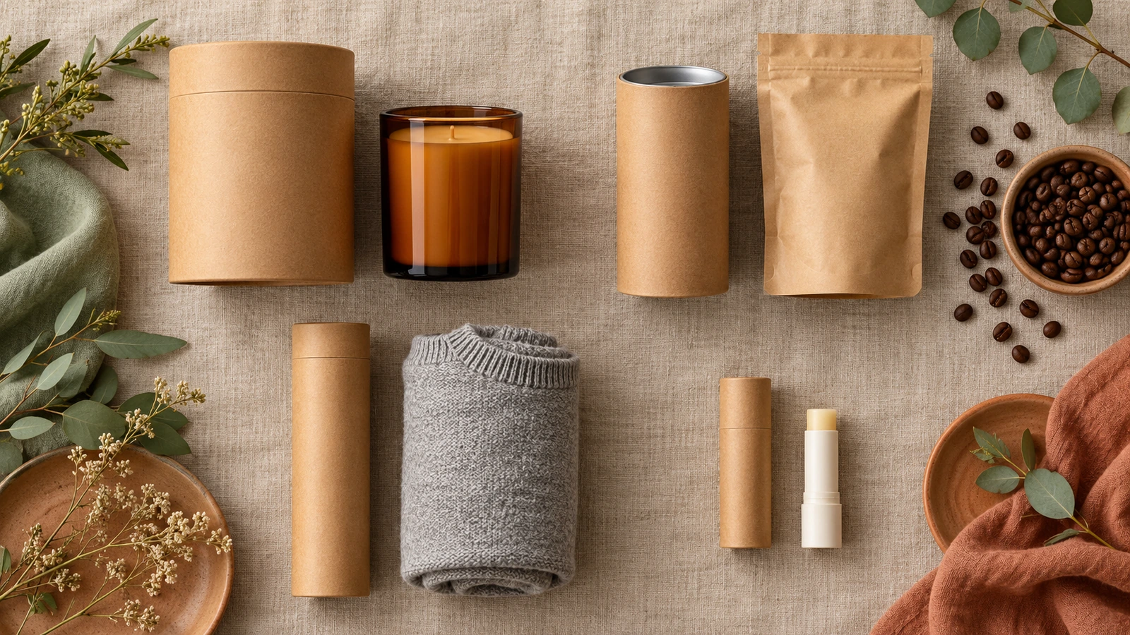 Papierröhren mit unterschiedlichen Durchmessern und Wandstärken, angeordnet neben einem Kerzenglas, einem Kaffeebeutel, einem aufgerollten Kleidungsstück und einem Lippenbalsam-Stick