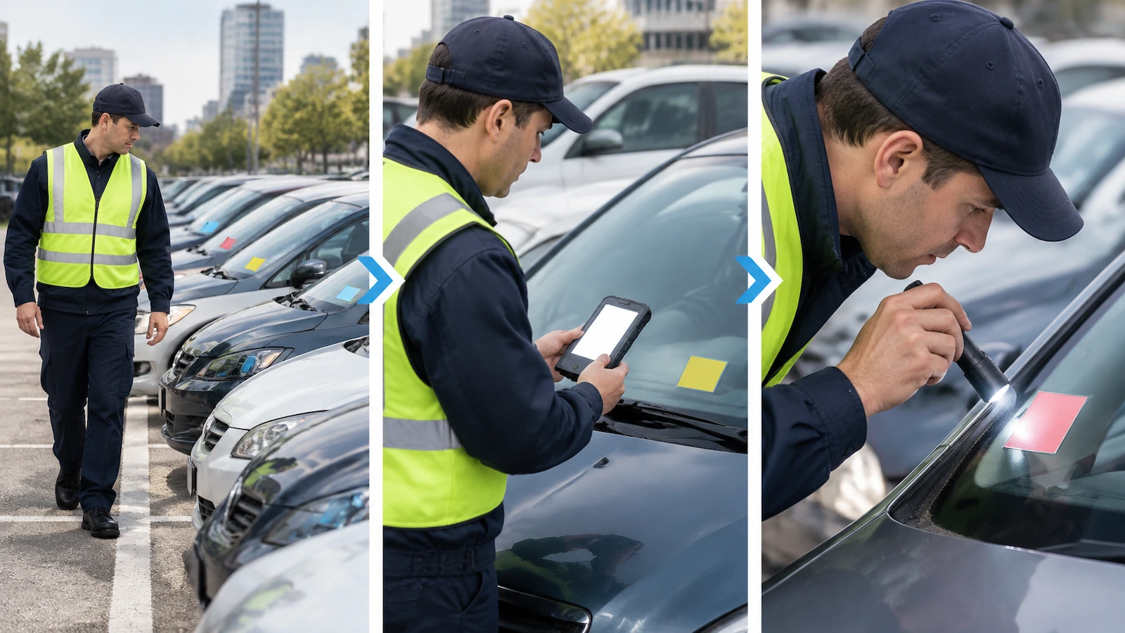 Kontrollkraft, die eine Reihe geparkter Autos entlanggeht, in drei Stufen dargestellt: Blick auf Windschutzscheiben aus der Ferne, Scannen eines Ausweises mit einem Handgerät und genaue Prüfung der Ausweiskante aus der Nähe