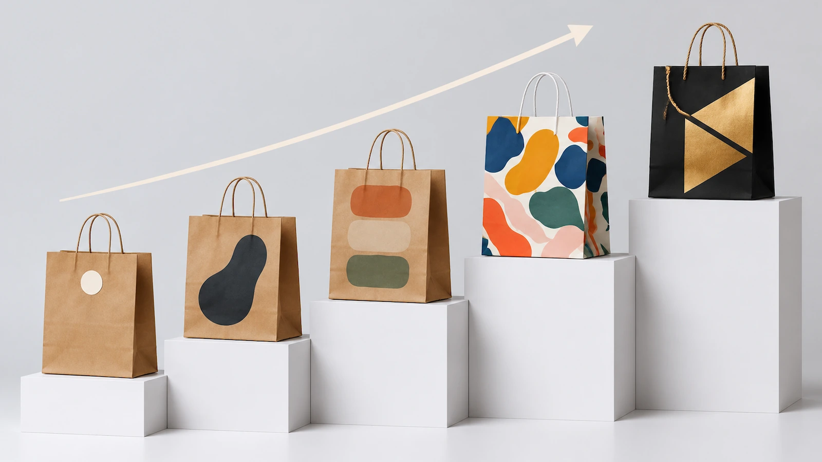 Aufsteigende Treppe aus Kraftpapiertüten mit zunehmender Druckpersonalisierung