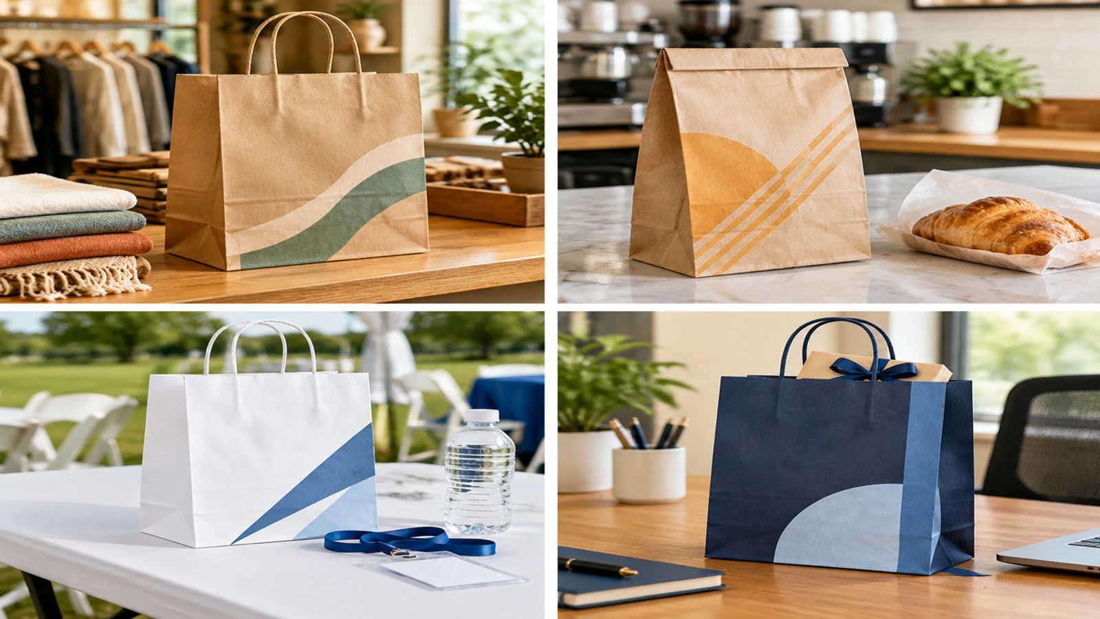 Vier personalisierte Kraftpapiertüten in Einzelhandel, Restaurant, Veranstaltung und Firmengeschenk