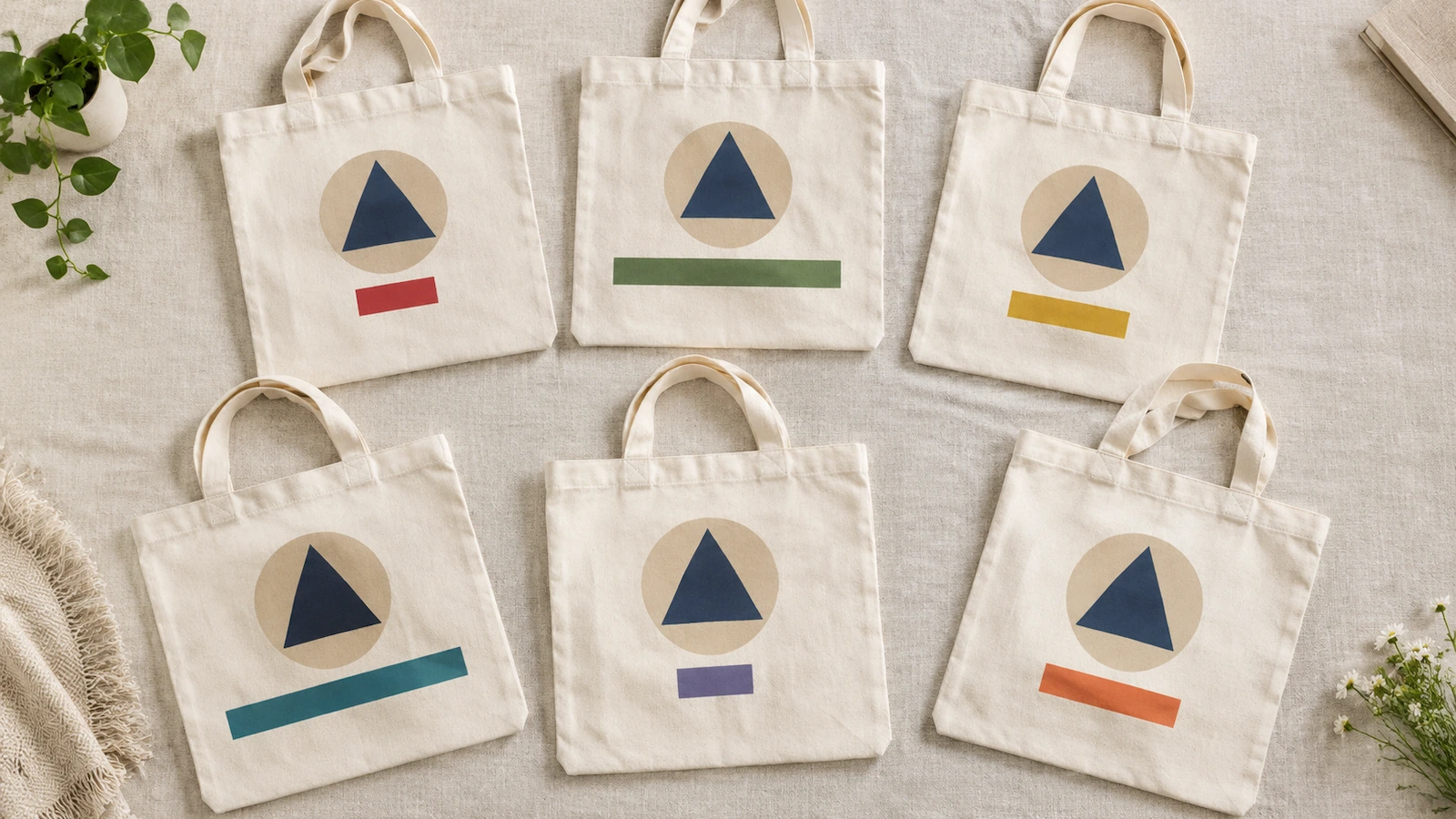 Reihe naturfarbener Baumwolltaschen mit derselben Logoform, jeweils mit einem andersfarbigen Band, auf dem ein Empfängername gedruckt ist
