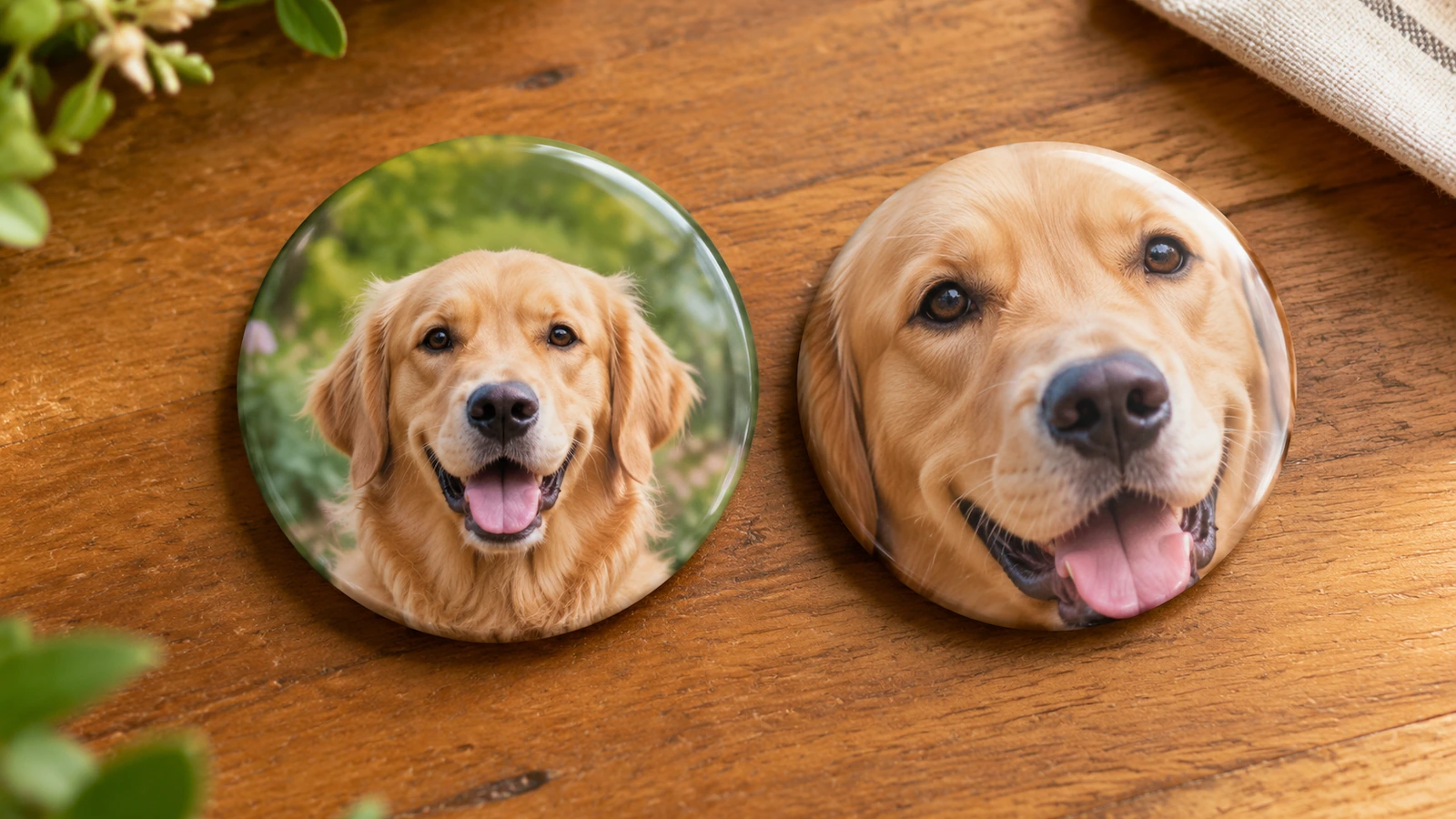 Zwei runde Fotobuttons mit dem Porträt eines Golden Retrievers: einer gut zentriert mit offenem Hintergrund um den Kopf, einer so zugeschnitten, dass sich die Ohren über den Rand wölben