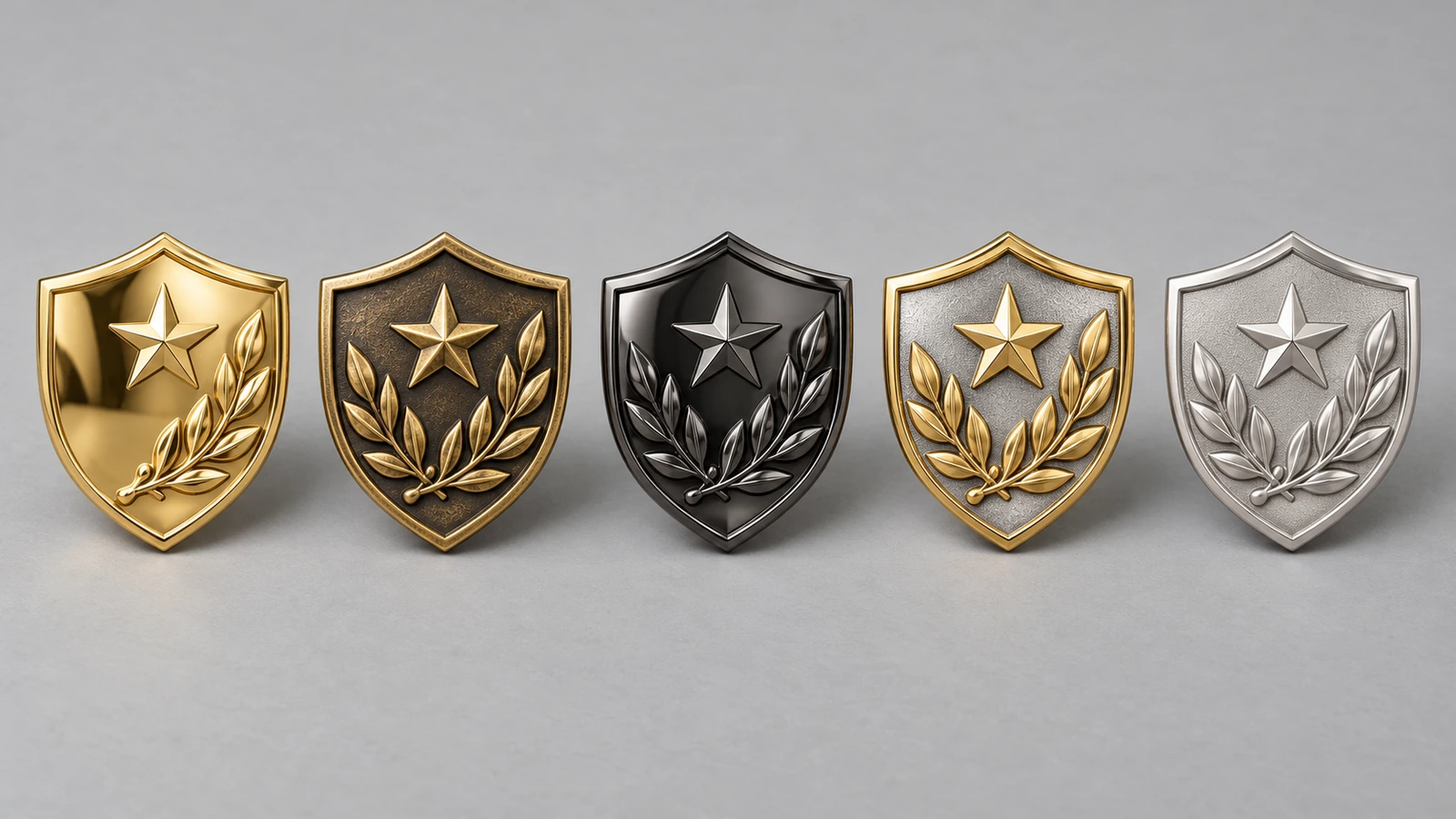 Fünf identische Revers-Prägeanstecknadeln nebeneinander mit polierter Goldoberfläche, antikem Gold, Schwarznickel, zweifarbigem Gold und Silber sowie sandgestrahlter Silberoberfläche
