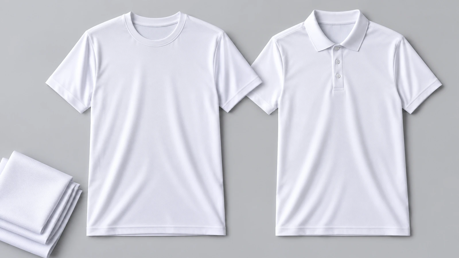 Weißes Unisex-Polyester-Sublimations-T-Shirt, flach ausgelegt neben einem weißen Funktions-Poloshirt auf hellgrauem Untergrund