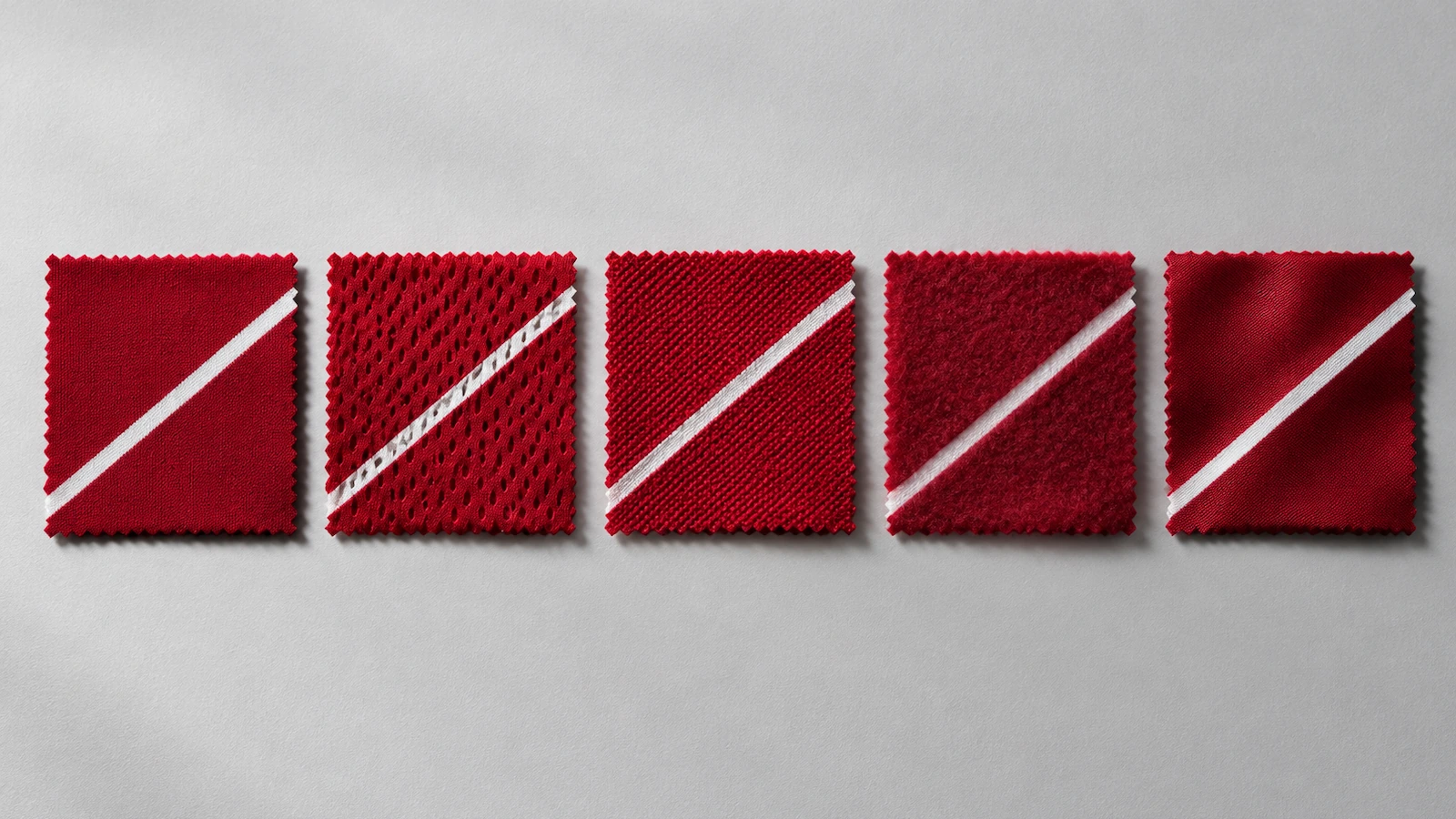 Muster aus Polyester-Interlock, Netzstoff, Piqué, Fleece und Elasthan-Strick mit derselben gedruckten Farbe, die feine Unterschiede in Dichte und Textur zeigen