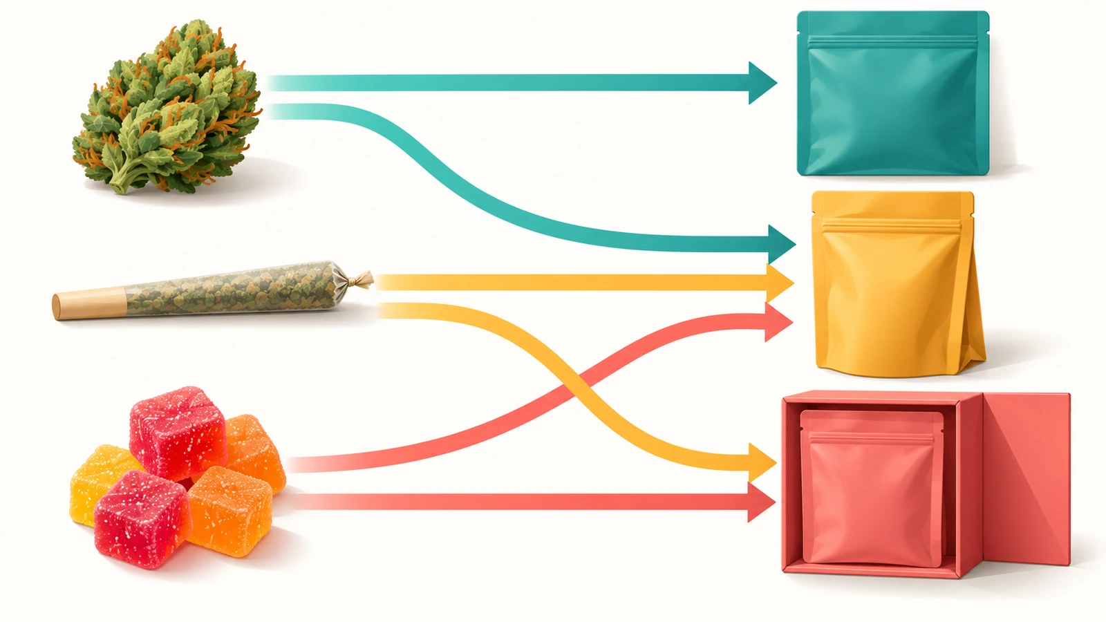 Entscheidungsdiagramm mit farbigen Formen und Pfeilen, das Blüten, vorgedrehte Joints und essbare Produkte zu Flachbeutel-, Standbeutel- oder Karton-Verpackungsformaten leitet