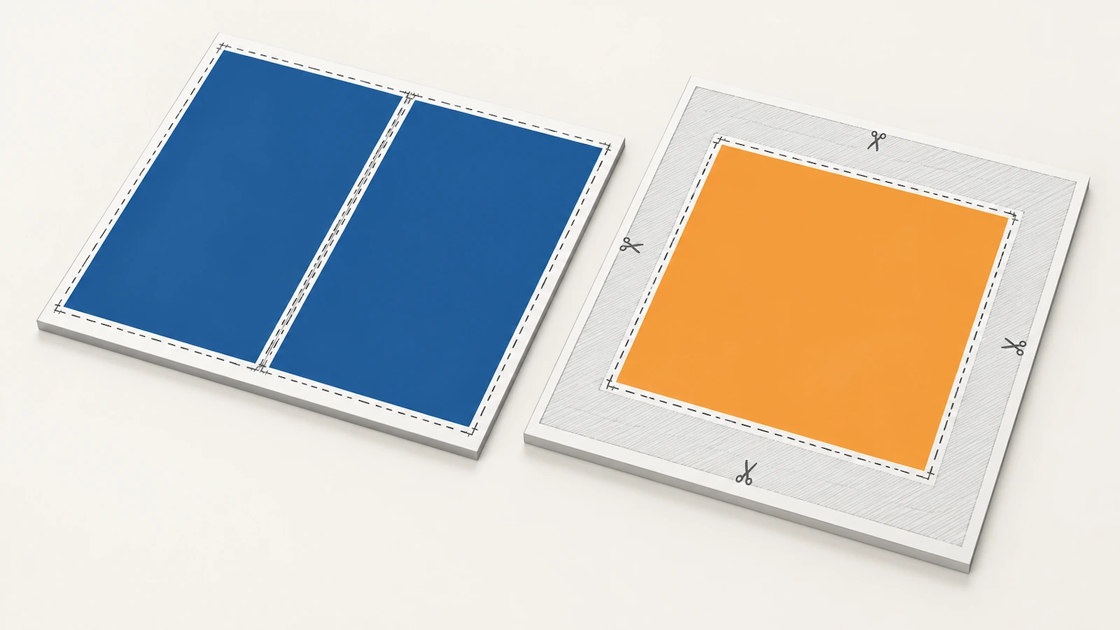 Draufsicht-Diagramm von Druckbogen, das die effiziente Anordnung von Hochformat-Doppelseiten mit quadratischen Doppelseiten vergleicht, die ungenutzte graue Flächen lassen