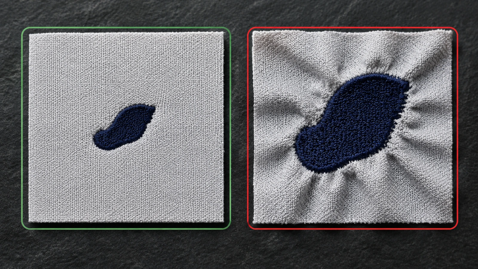 Zwei Piqué-Stoffmuster nebeneinander: eines mit einem flachen, sauber gestickten Emblem in grünem Rahmen, das andere mit gewelltem, gekräuseltem Stoff um die Stickerei in rotem Rahmen