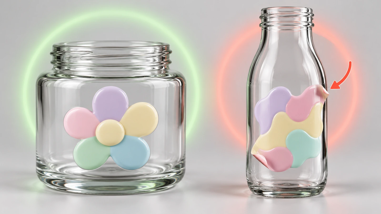Vergleich: Ein Puffy-Sticker liegt flach auf einem sanft gewölbten Glas, während sich an einem schmalen Flaschenhals die Ränder abheben