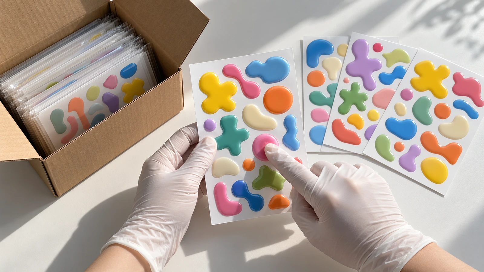 Hände drücken die Wölbung eines Puffy-Stickers auf einem Bogen neben einem geöffneten Versandkarton, um bei der Wareneingangsprüfung die Rückstellung des Schaumstoffs zu prüfen