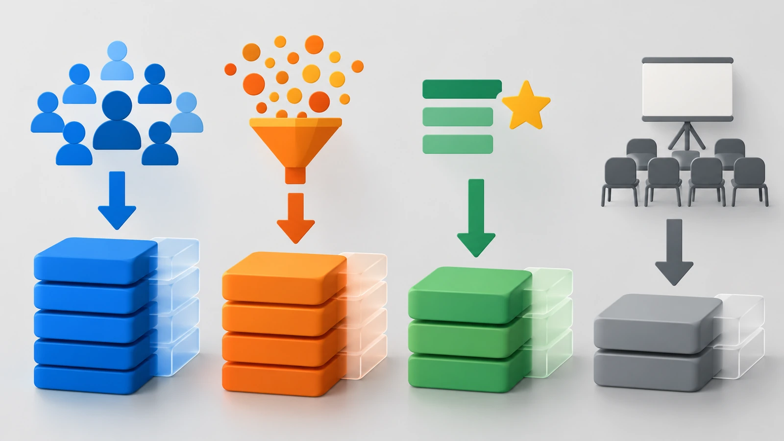 Diagramm mit vier Notizbuchstapeln unterschiedlicher Höhe, die jeweils über einen eigenen Pfeil von einer anderen Ausgangsform gespeist werden und zeigen, dass sich die Menge jedes Programms aus einem anderen Faktor ergibt