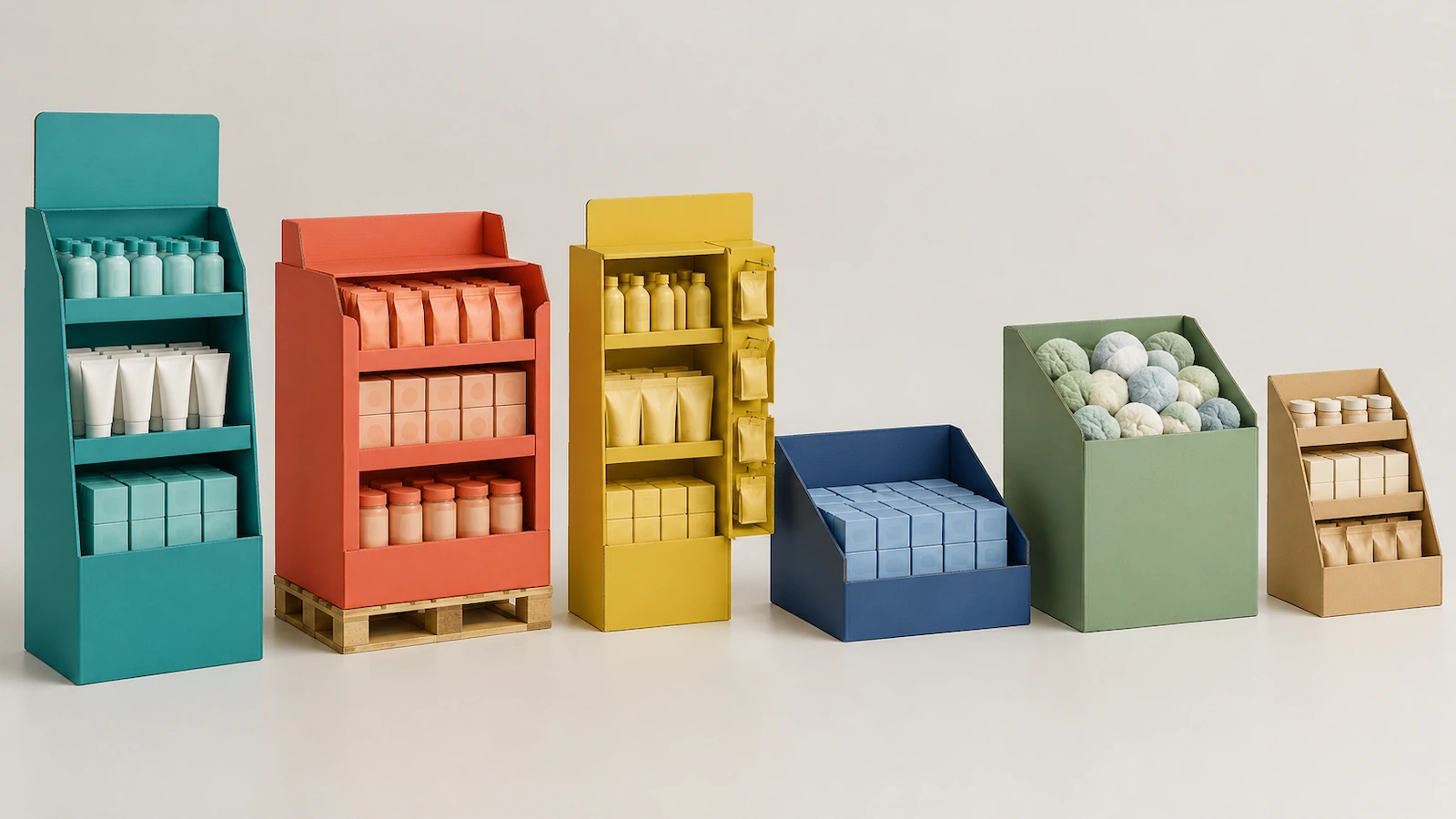 Sechs Formate von Verkaufsdisplays nebeneinander: ein freistehendes Bodendisplay, ein Palettendisplay, ein Gondelkopf-Display mit seitlich montiertem Seitendisplay, ein regalfertiges Tray, eine offene Wühlbox und ein kleines Thekendisplay