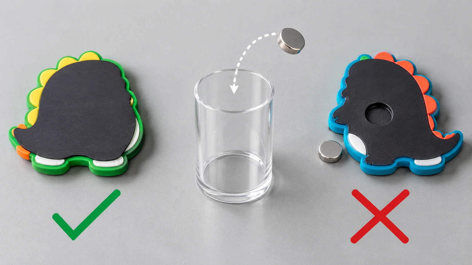 Rückansicht eines Weich-PVC-Kühlschrankmagneten mit vollflächig verklebtem flexiblem Streifen neben einer Version mit einer kleinen losen Scheibenmagnet, daneben ein durchsichtiger Kleinteilezylinder