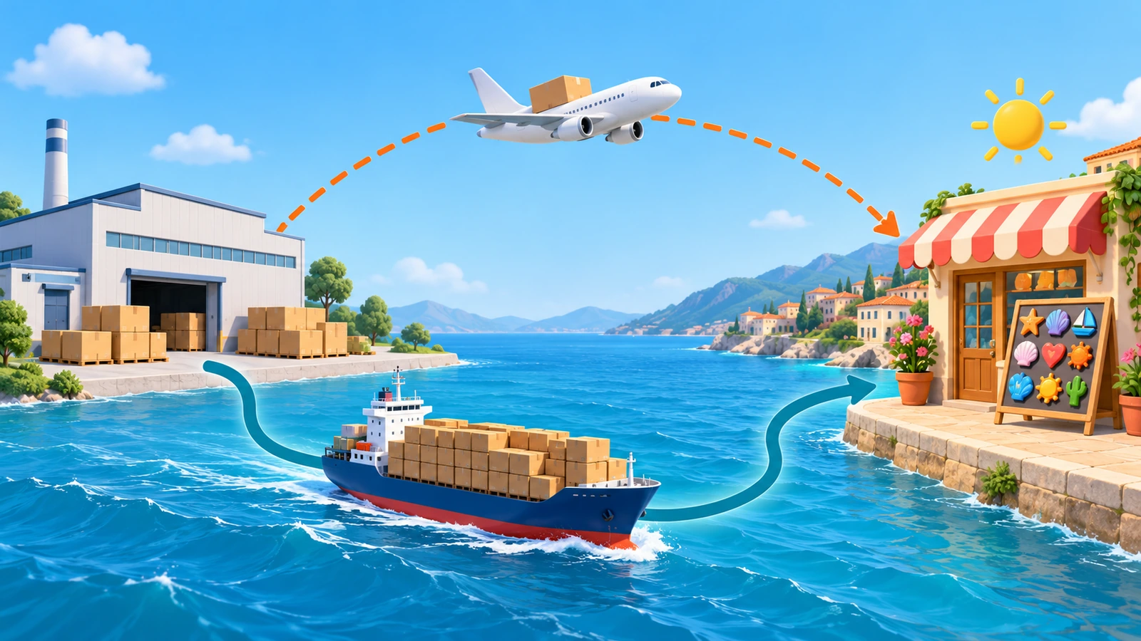 Zwei Versandwege aus einer Fabrik: ein kleines Paket im Flugzeug und größere Kartons auf einem Containerschiff zum selben Ziel