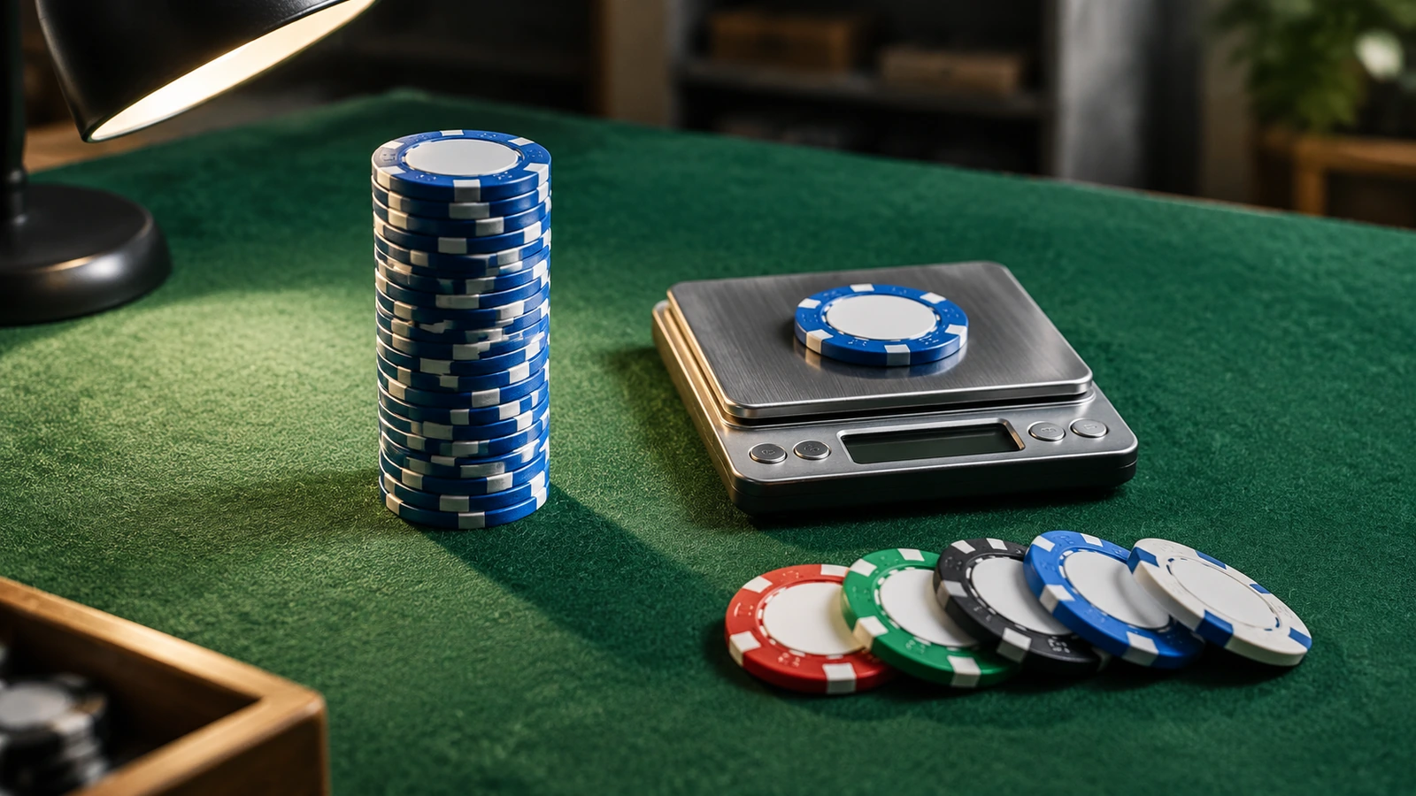 Pokerchip-Muster auf einer grünen Prüfbank mit Filz neben einer Digitalwaage, einem geraden Stapel ohne Lineal und einer Schreibtischlampe