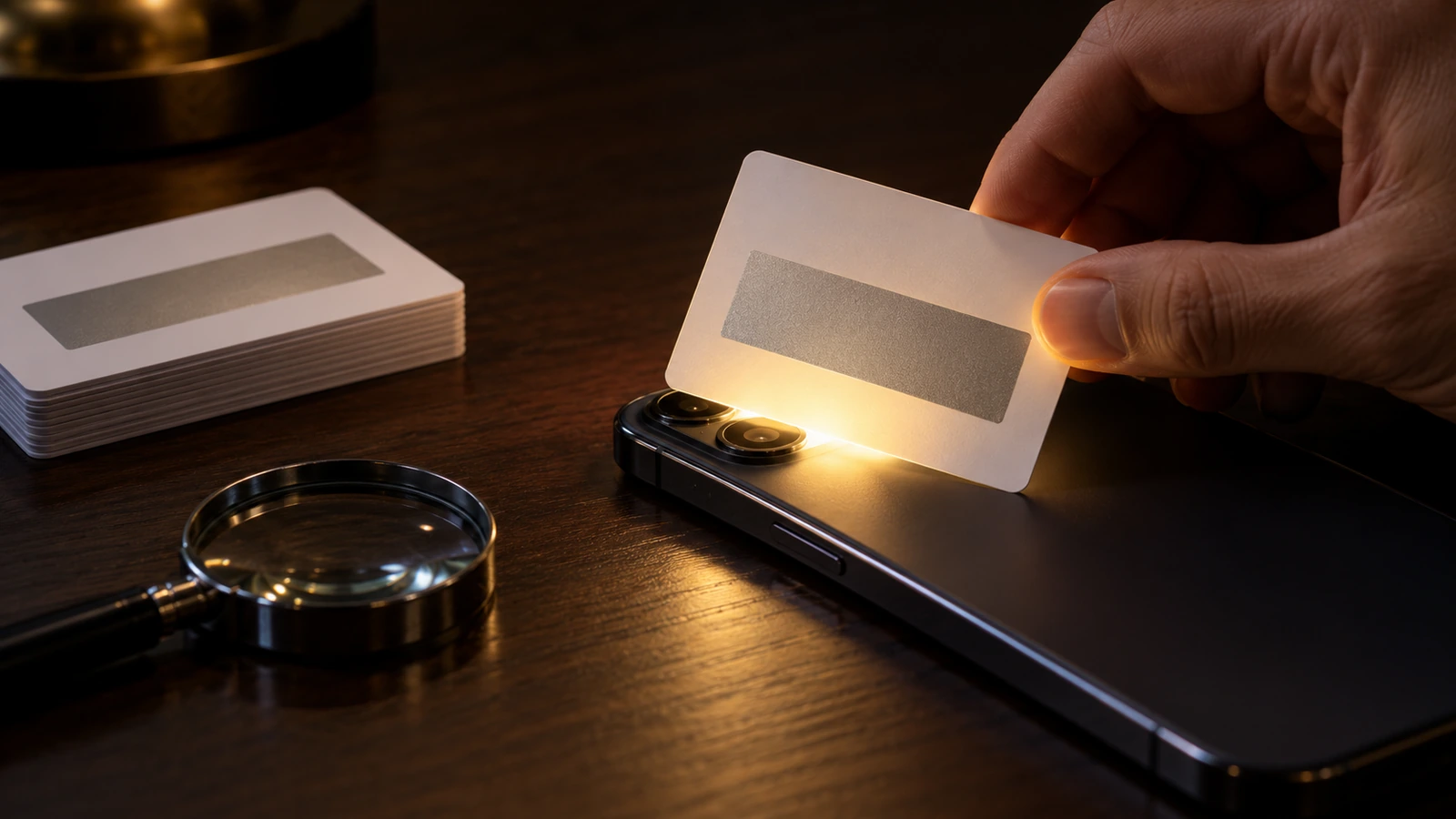 Hand hält eine Rubbelkarte über eine Handy-Taschenlampe in einem dunklen Raum, um zu prüfen, ob der verborgene Code durch die silberne Abdeckfläche durchscheint