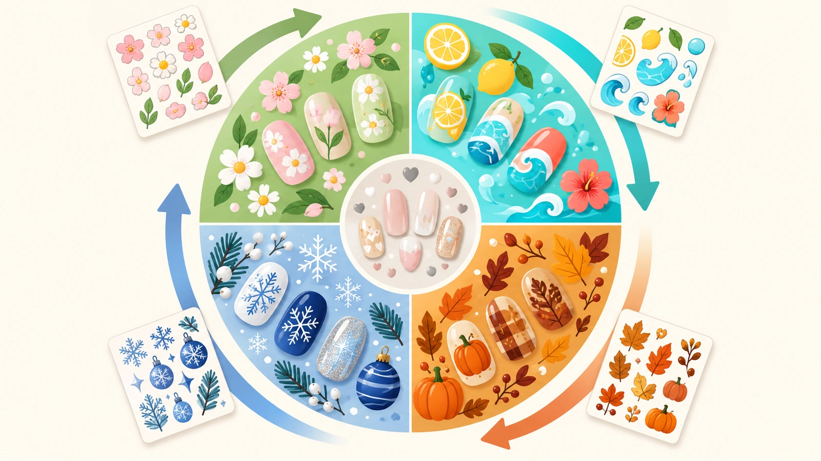 Kreisförmiger Saisonkalender, aufgeteilt in 4 farblich codierte Quadranten mit Frühlingsblumen, Sommerfrüchten, Herbstlaub und Winter-Schneeflockenmotiven; Pfeile zeigen, dass die Motivvorlagen einen Quadranten vor jeder Markteinführung geplant werden