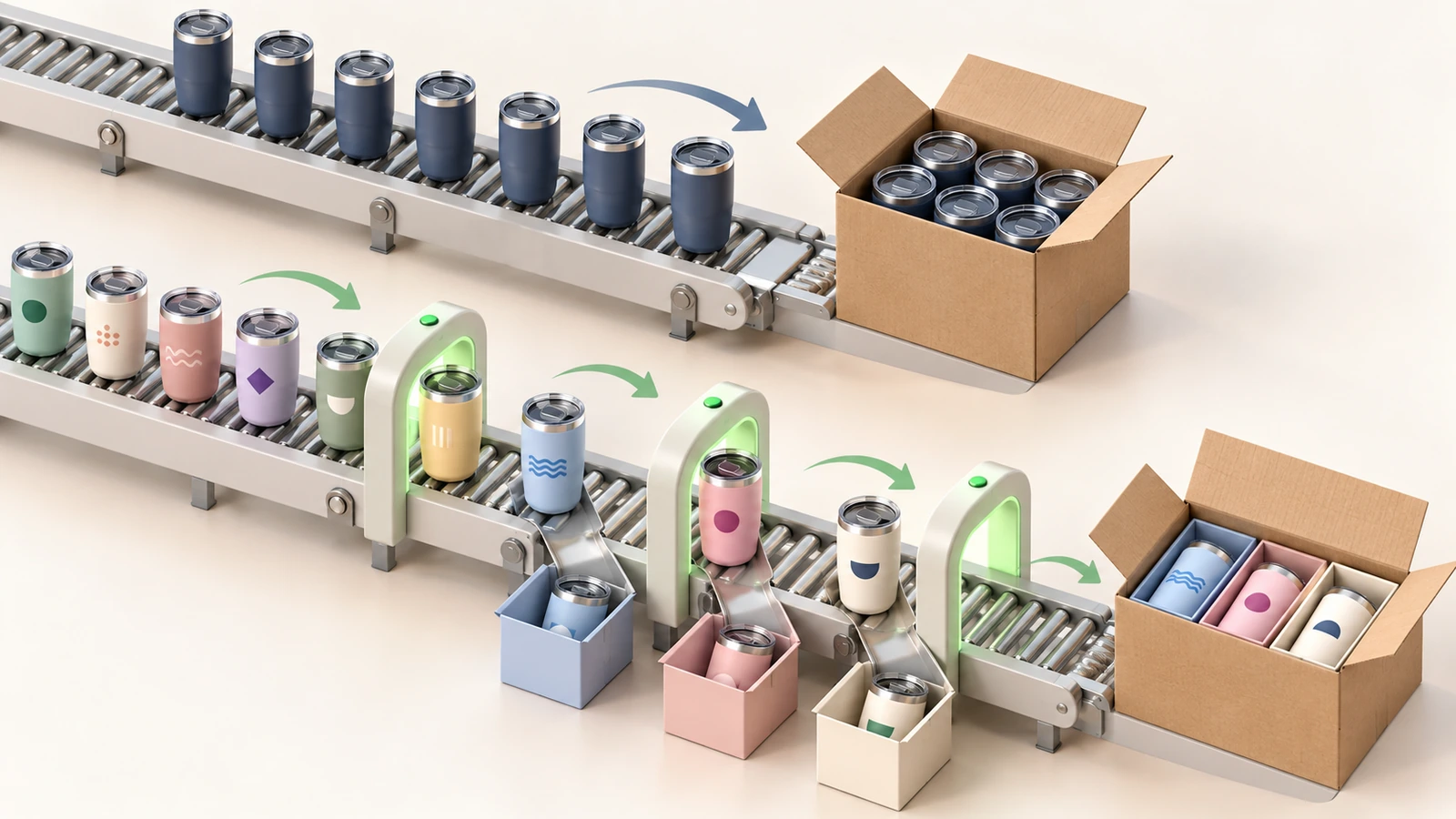 Zwei parallele Workflow-Spuren: eine kurze Spur, auf der identische Tumbler in einem Block laufen, und eine längere Spur, auf der unterschiedliche Tumbler vor dem Versand zusätzliche Prüftore durchlaufen