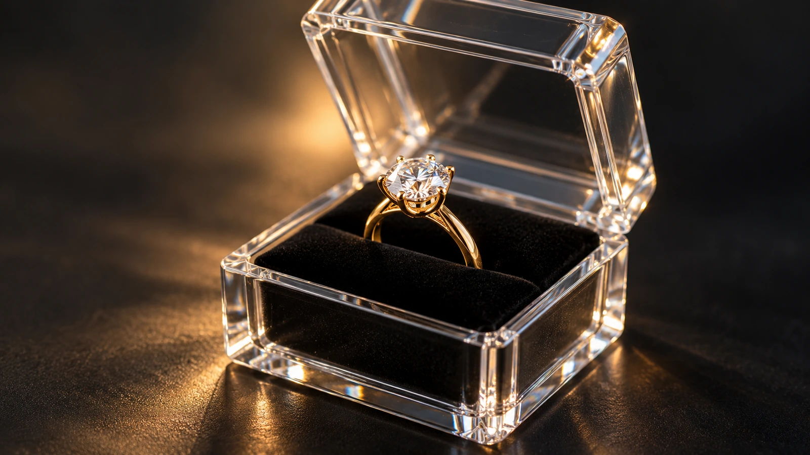 Nahaufnahme eines Rings, der von einem Schlitzeinsatz aufrecht in einer kleinen transparenten Box gehalten wird, mit weichem Licht, das durch die transparenten Wände fällt