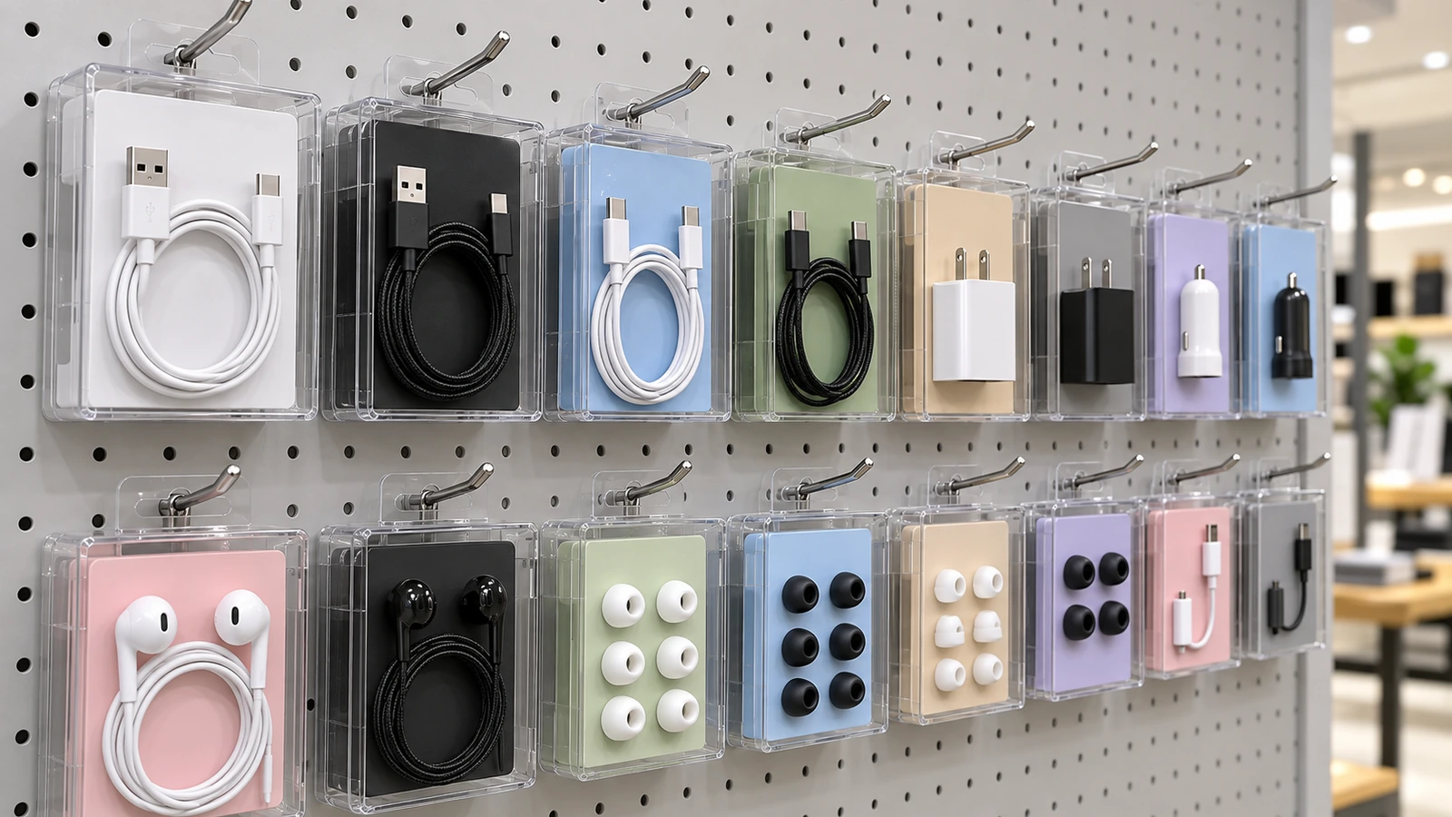 Reihe kleiner transparenter Boxen mit aufgewickelten Kabeln und Adaptern an Aufhängehaken im Handel, Anschlüsse durch die Wände sichtbar