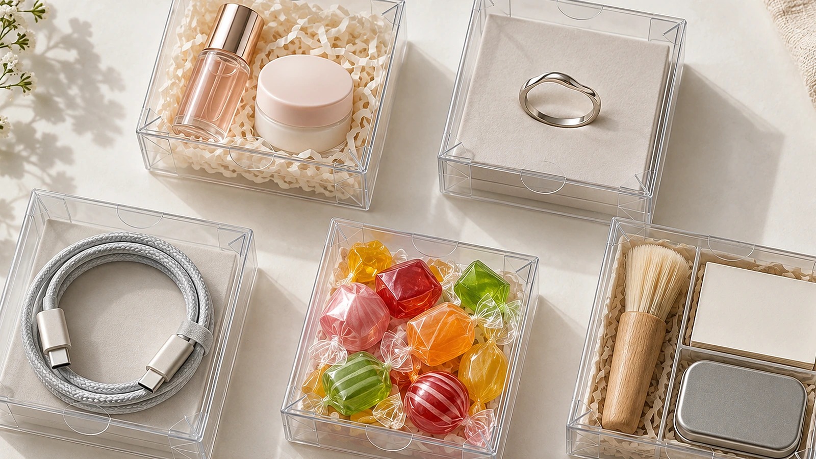 Fünf kleine transparente Kunststoffboxen auf einer hellen Fläche mit einem Kosmetikmuster-Fläschchen, einem Ring, einem aufgewickelten Ladekabel, bunten Bonbons und einem kleinen Werbe-Kit