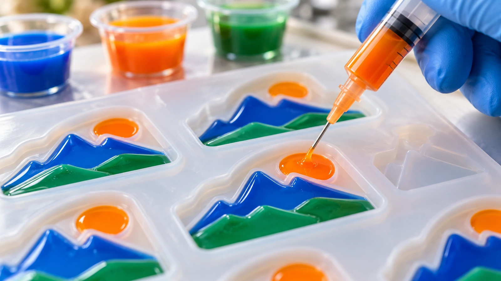 Flüssiges Soft-PVC wird Farbe für Farbe in eine Silikonform für einen 3D Souvenirmagneten gefüllt