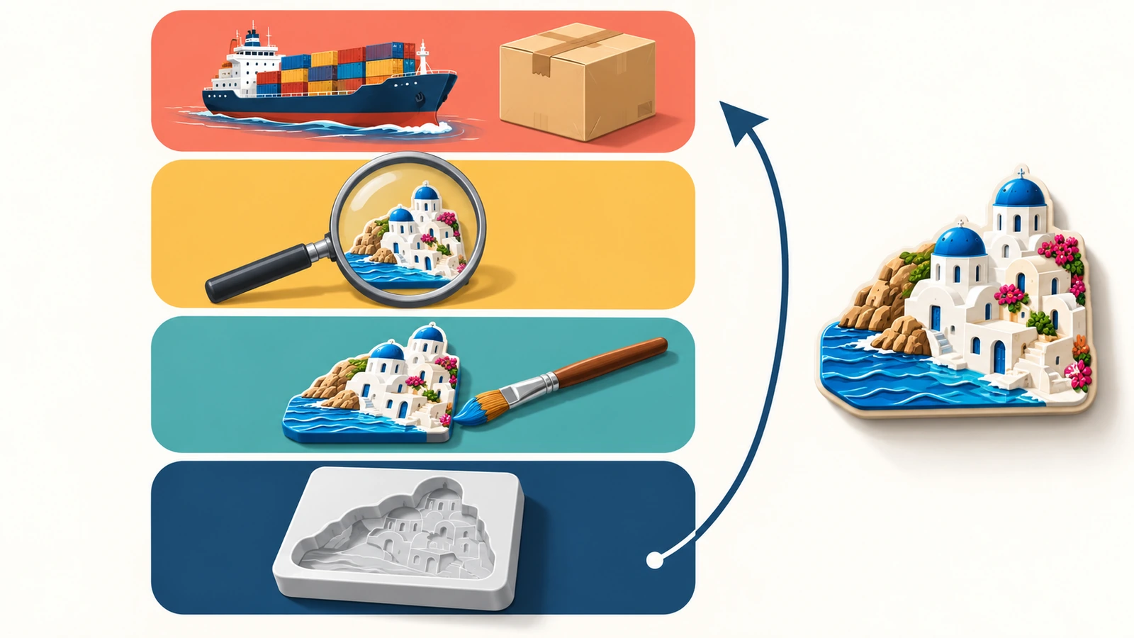 Diagramm mit vier übereinandergestapelten Kostenebenen für einen individuellen Souvenirmagneten: Werkzeug, Einzelproduktion, Bestellgebühren und Versand
