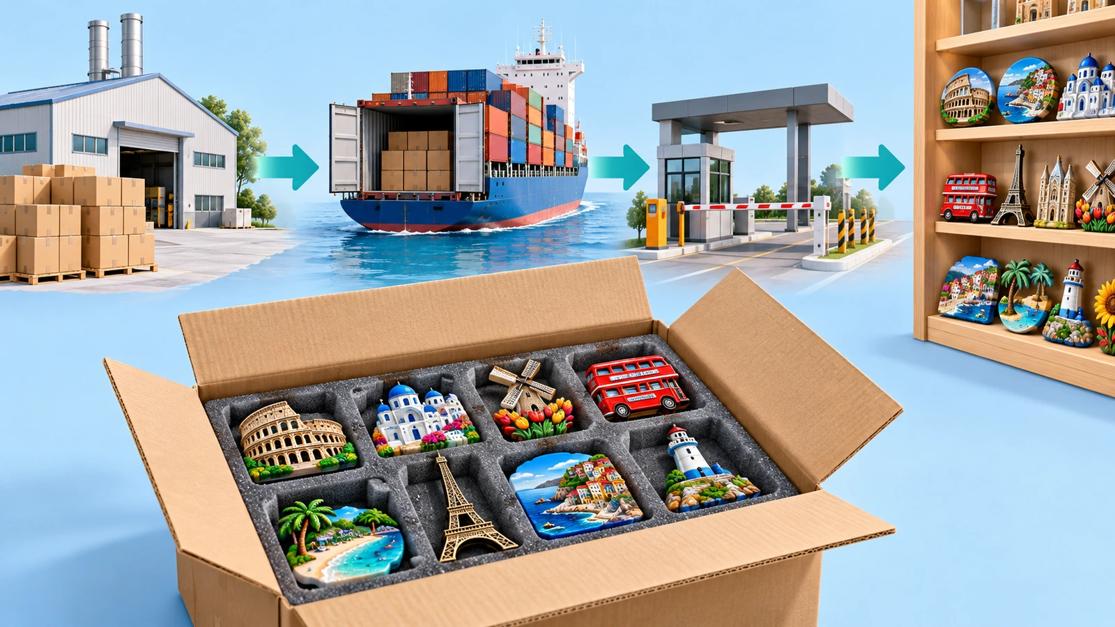 Verpackte Kartons mit Souvenirmagneten auf dem Weg von der Fabrik über den Frachtcontainer ins Einzelhandelsregal, mit Richtungspfeilen dargestellt