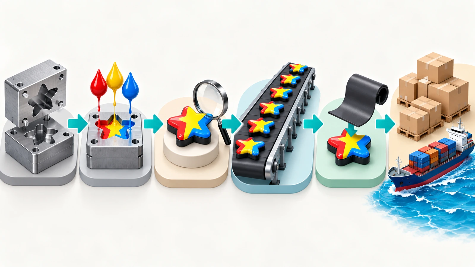Sechs Produktionsstufen eines geformten Soft-PVC-Souvenirmagneten, dargestellt als verbundene Symbole vom Formblock bis zum Frachtschiff