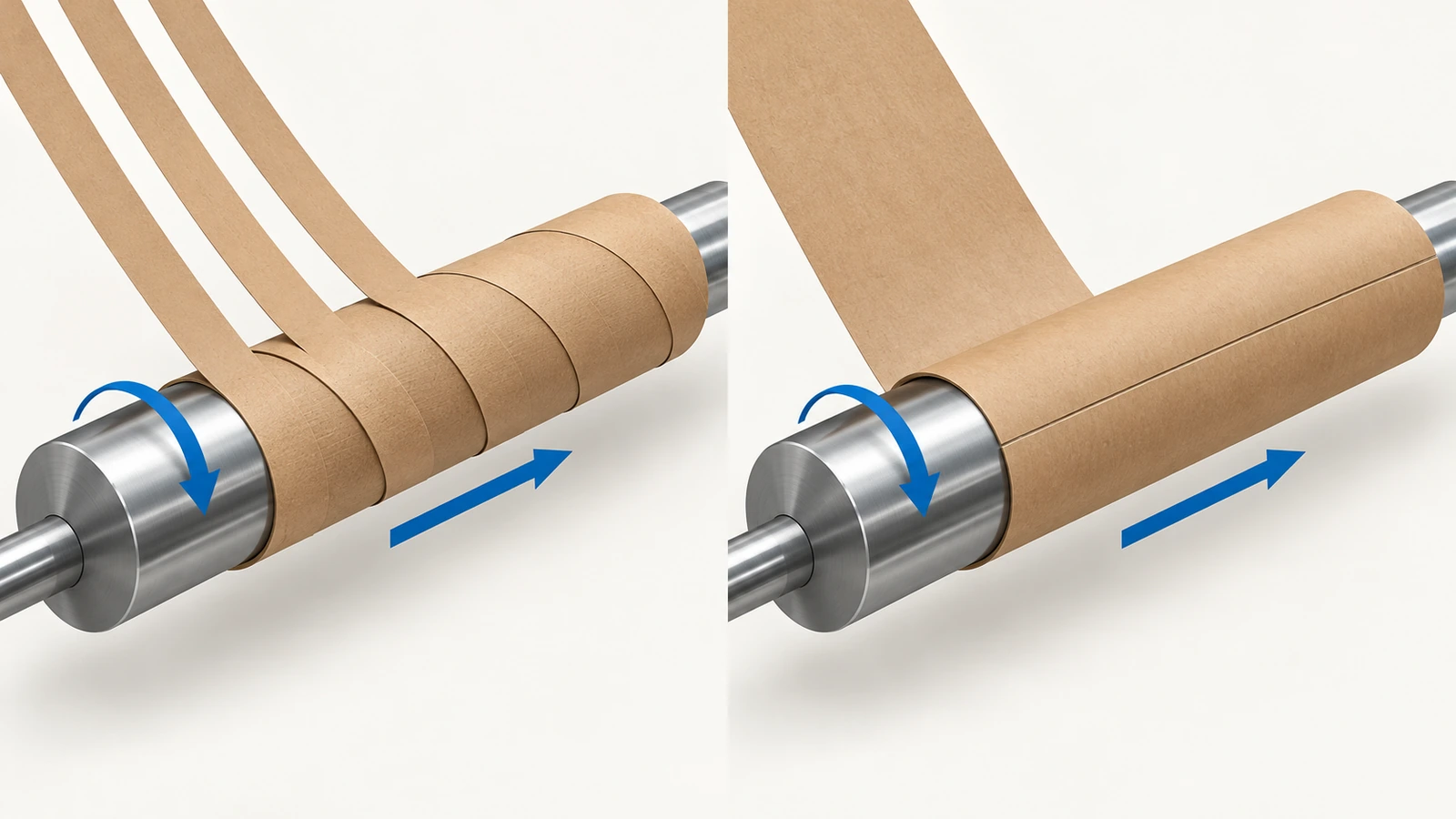 Gegenüberstellung von Spiralwicklung mit schrägen Streifen auf einem Wickeldorn und Parallelwicklung mit 1 Bogen, der parallel zur Achse gerollt wird