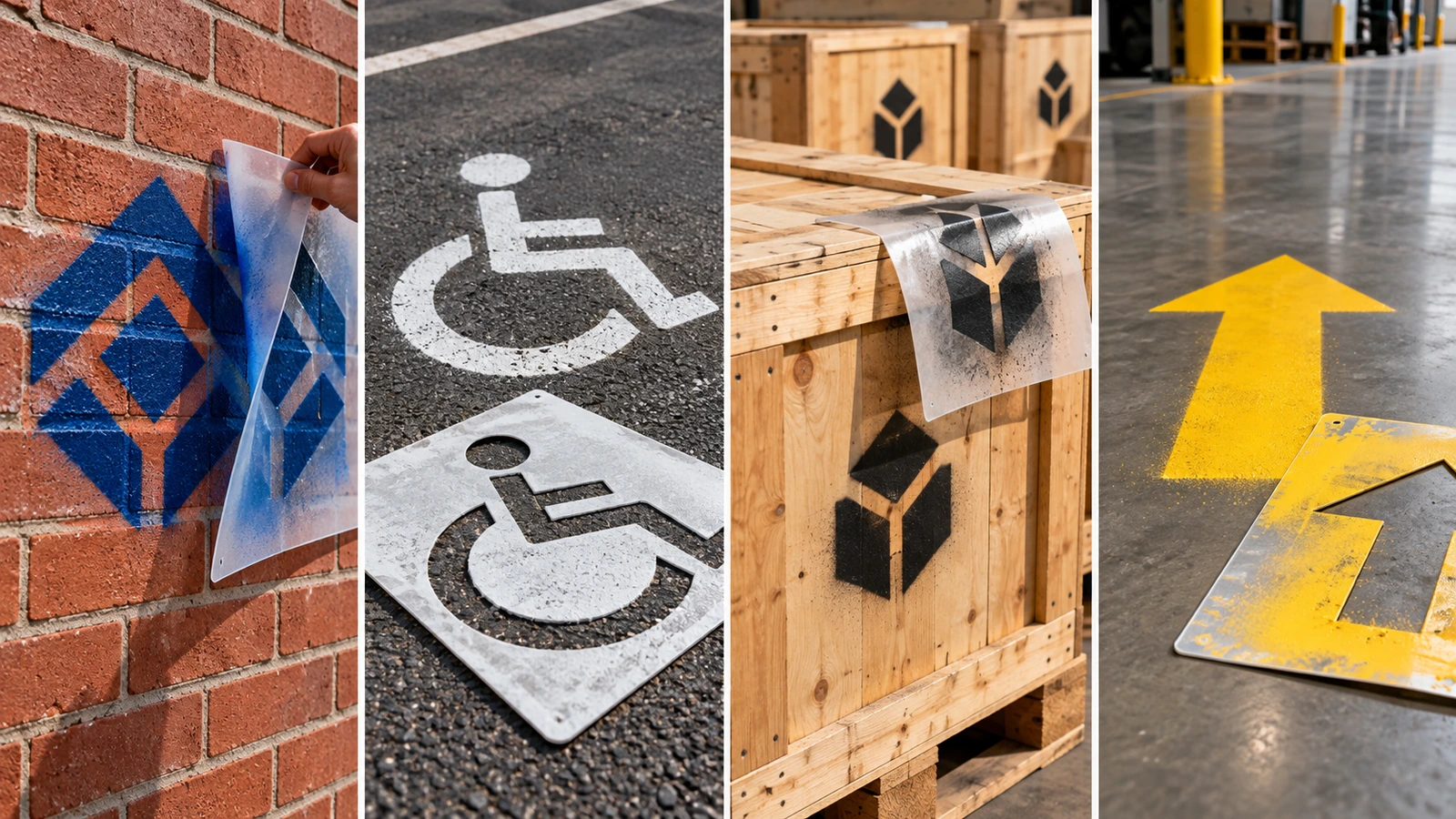 4-teilige Darstellung: Sprühschablonen an einem Logo auf einer Backsteinwand, auf einer Parkplatzfläche, an einer Reihe von Transportkisten und als Sicherheitspfeil auf einem Hallenboden