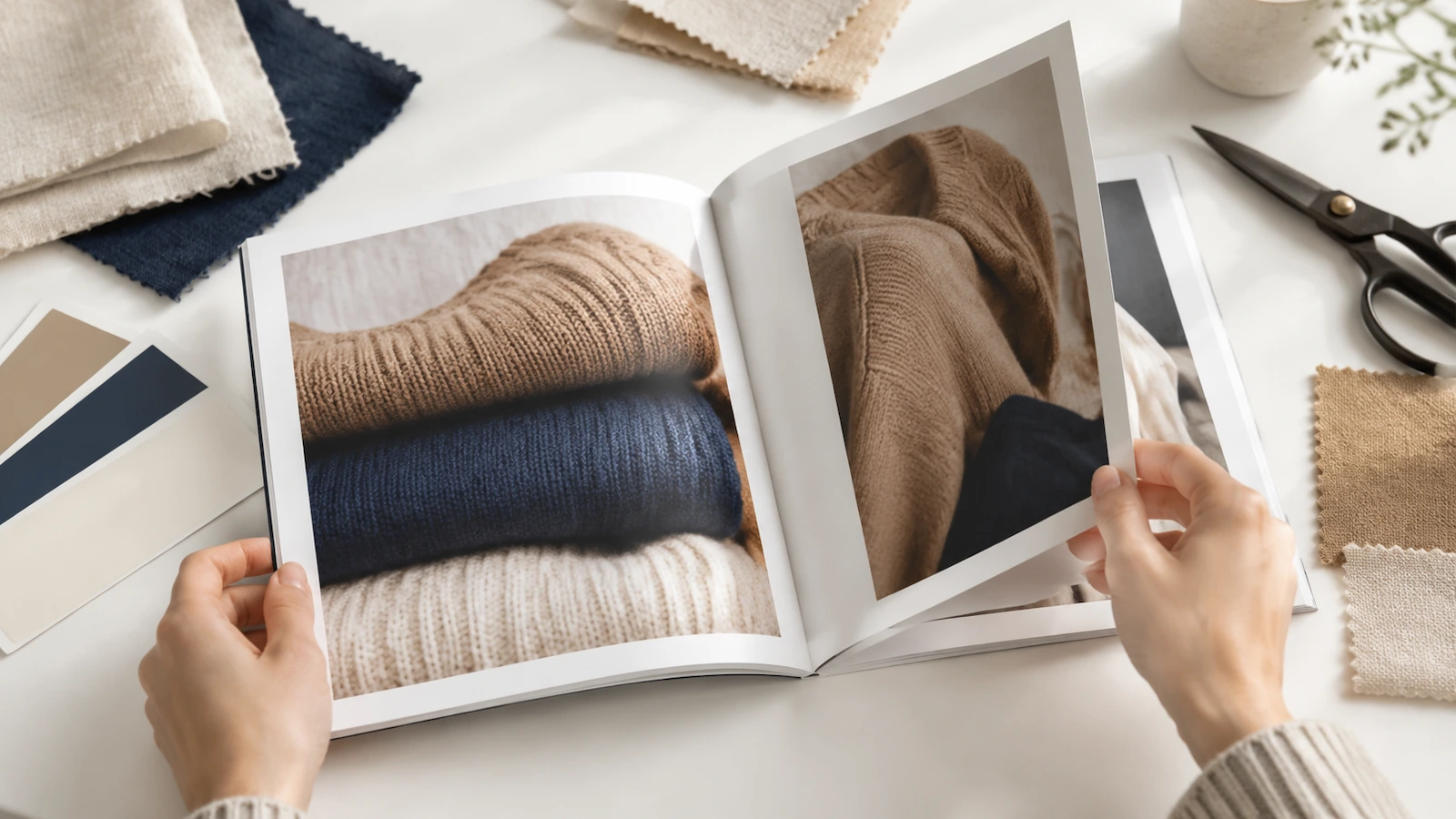Hände blättern in einem quadratischen Mode-Lookbook auf einem Tisch mit Stoffmustern und Farbmustern